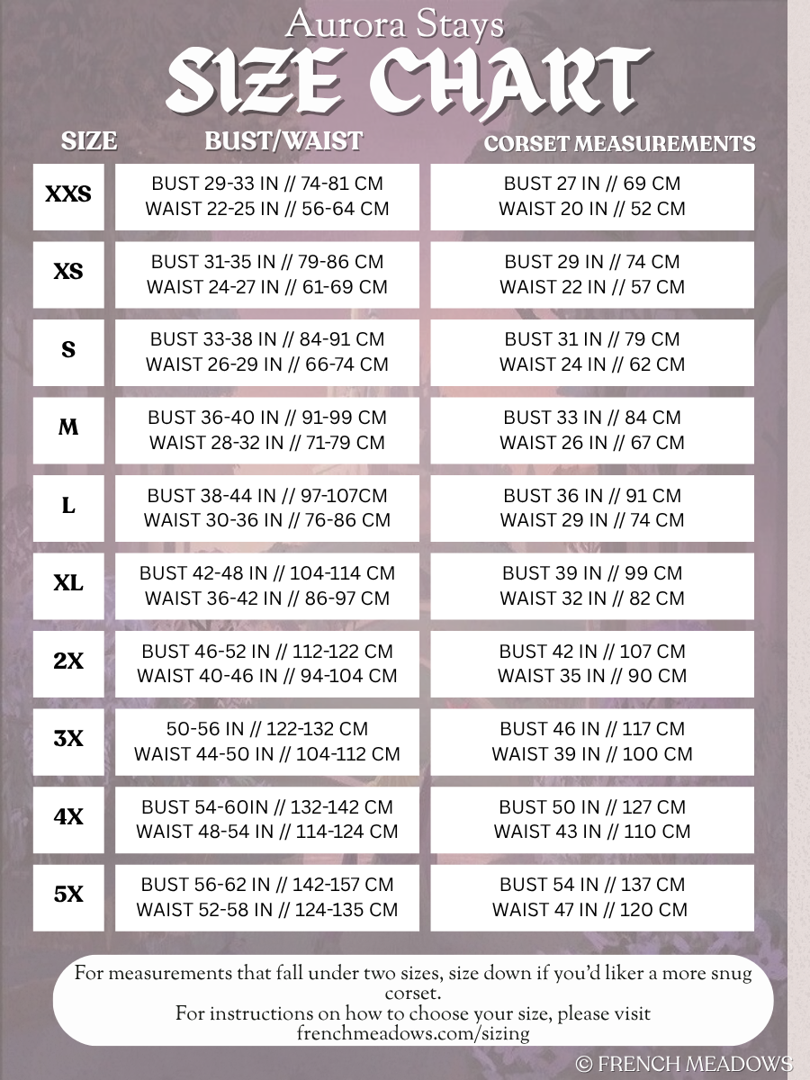 Size chart for Brown Aurora Stays featuring bust and waist measurements in inches and centimeters for Renaissance corset cosplay.