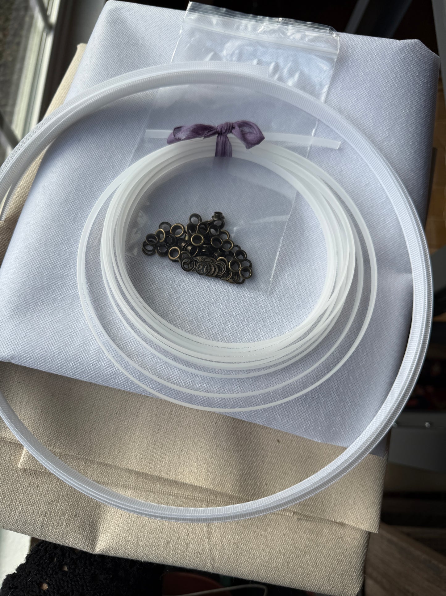 Corset Making Materials Kit including plastic boning rigiline bronze grommets and white cotton canvas lining fabric pieces