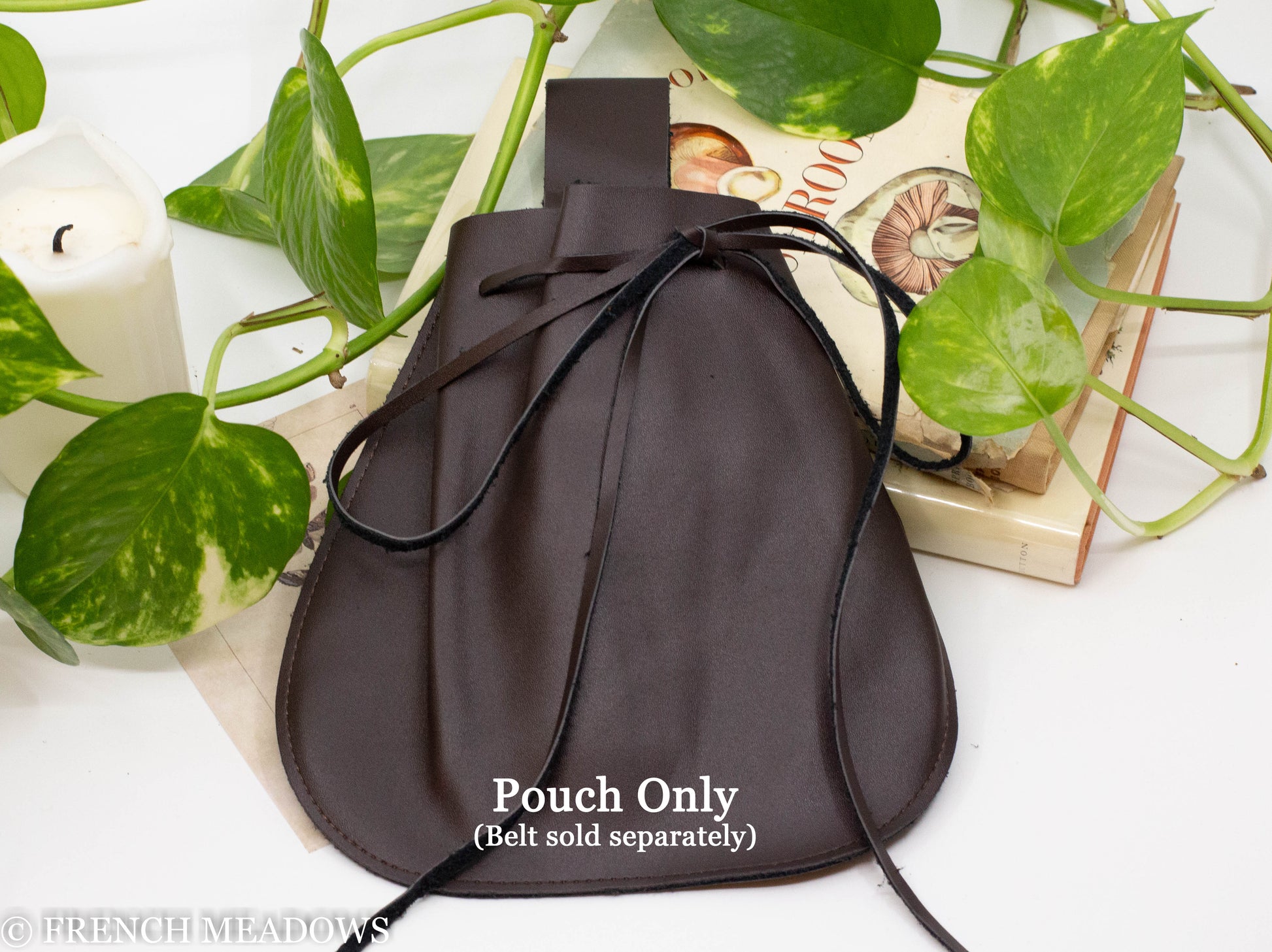 Black vegan leather drawstring pouch designed to attach to belts up to 3 inches wide for costume essentials.