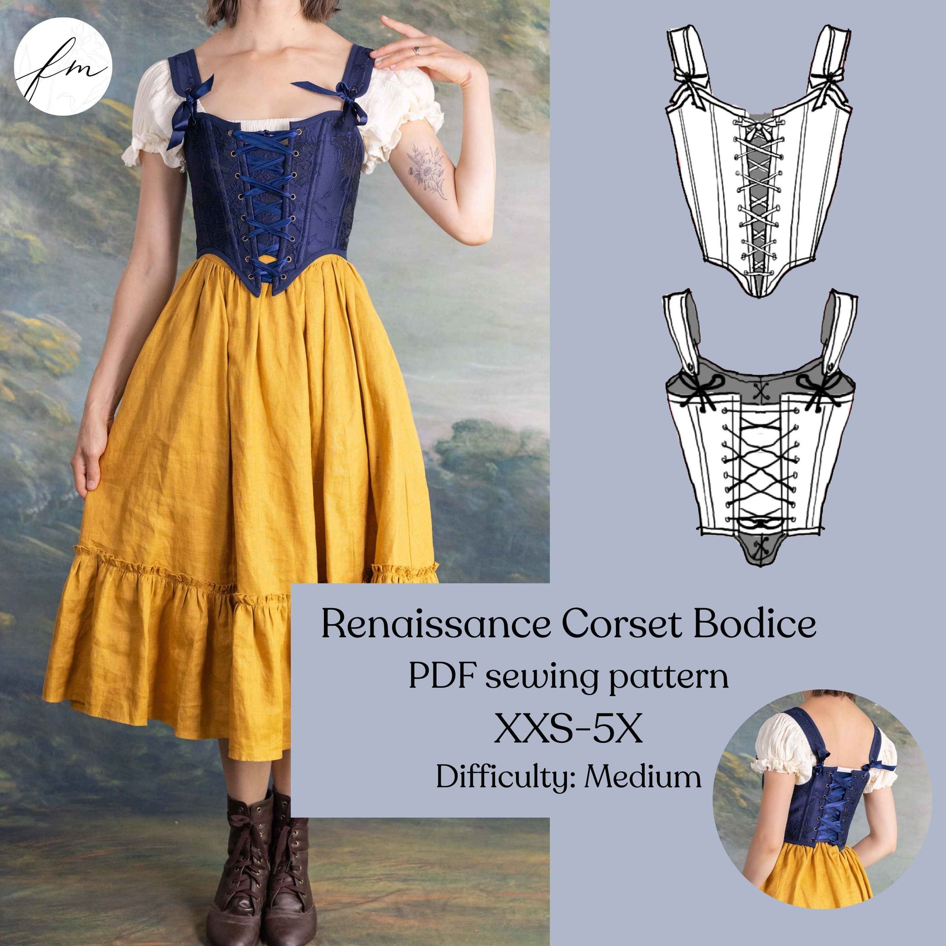 Woman wearing a navy blue Renaissance corset with front lacing over white blouse and yellow skirt, sewing pattern sketches.