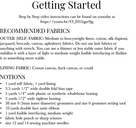Instruction sheet listing recommended fabrics, notions, and sewing tools for Renaissance corset pattern.