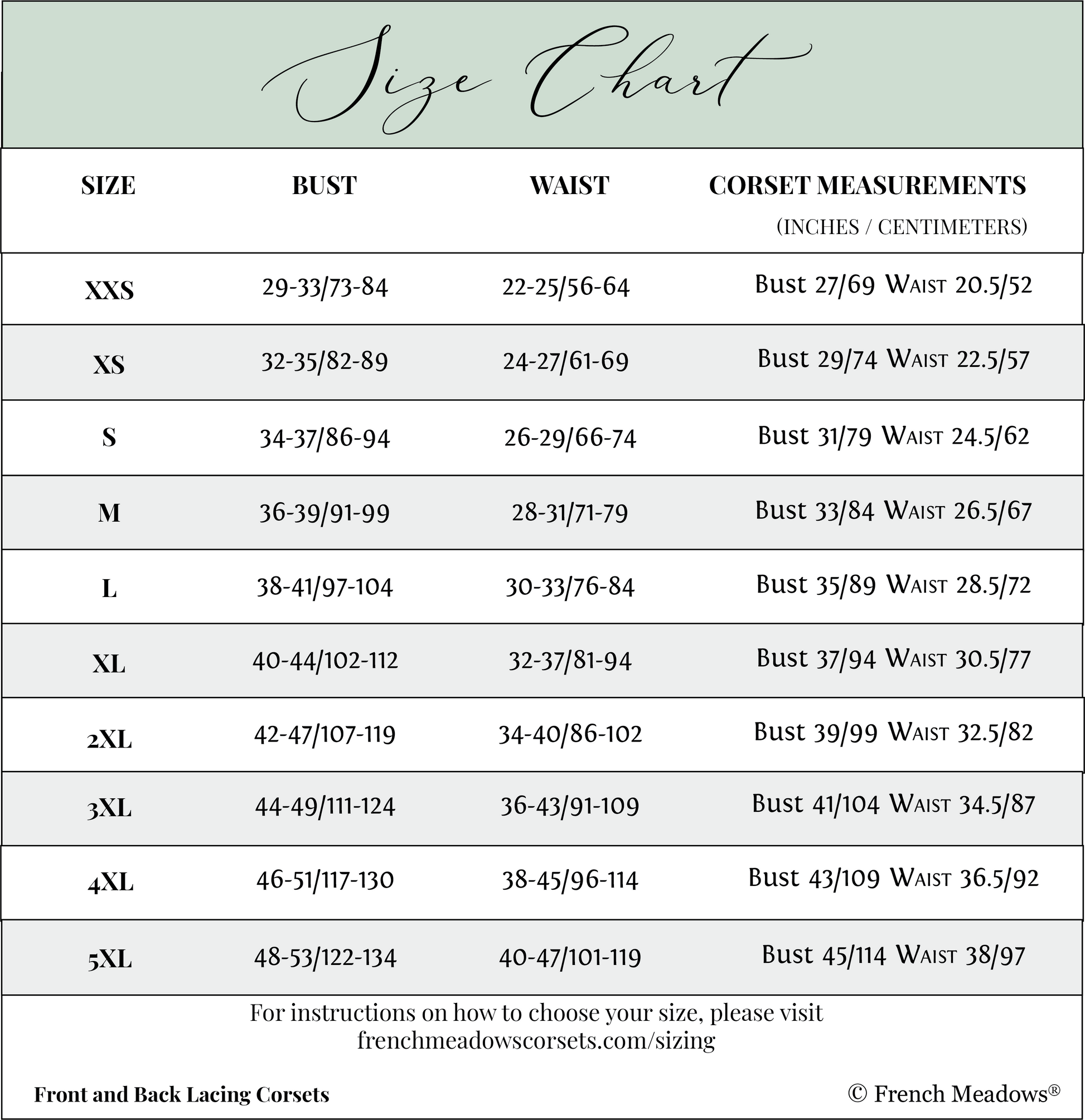 Black Wildflower Corset Top size chart showing bust, waist, and corset measurements in inches and centimeters.