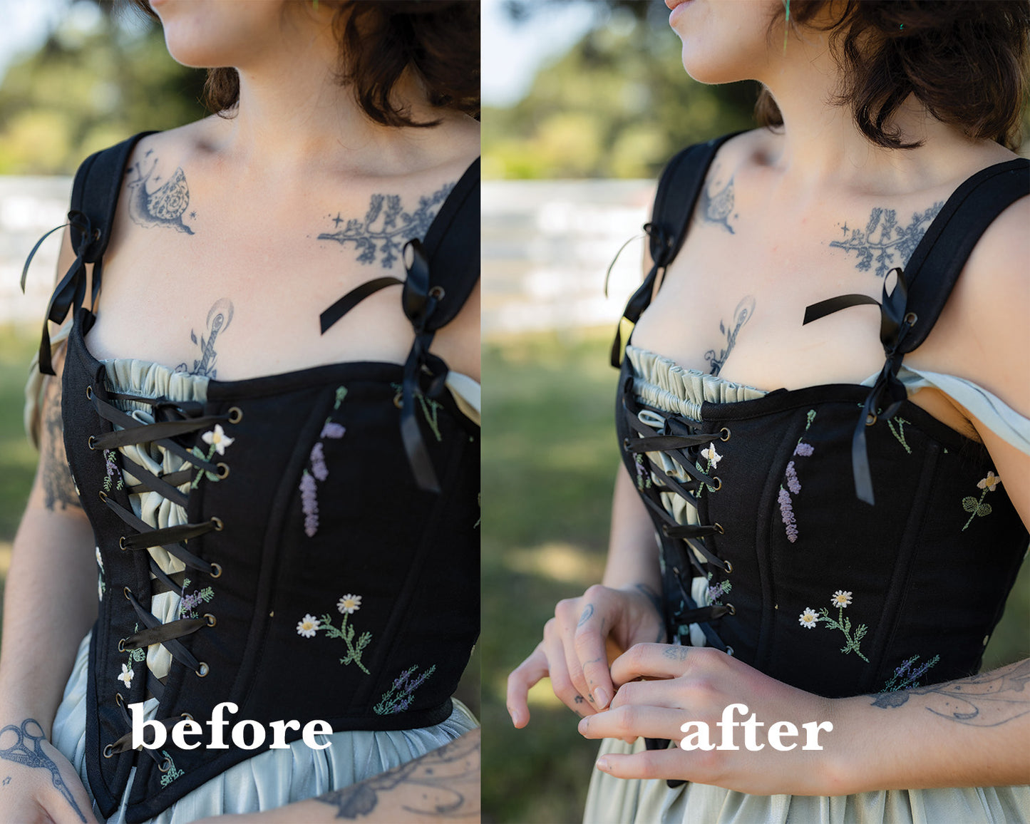 Padded Bra Cups showing enhanced cleavage and better fit under a black embroidered corset for smaller cup sizes.