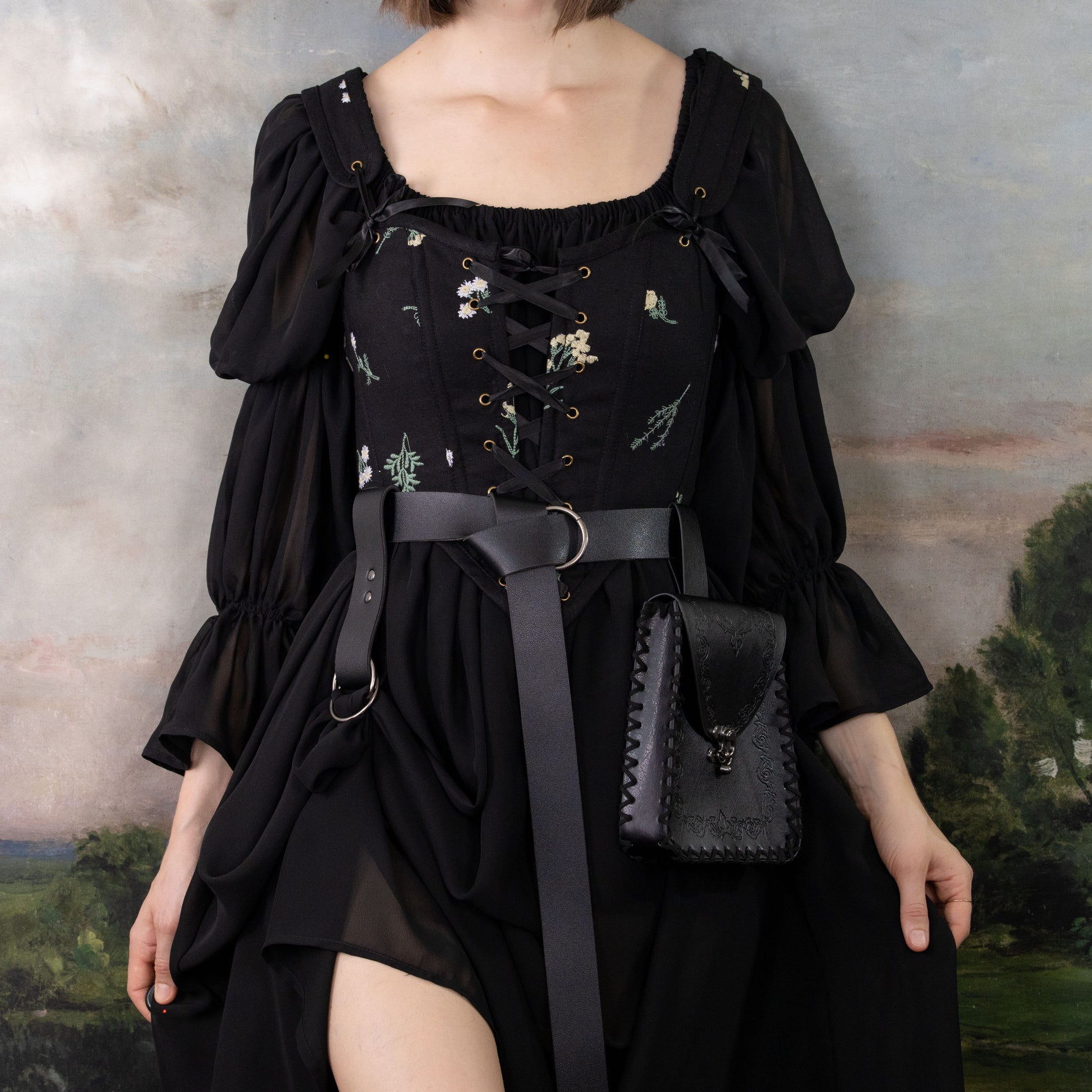 Black Chiffon Long Sleeve Chemise with puff sleeves, floral embroidery, lace-up bodice and belted waist in gothic style