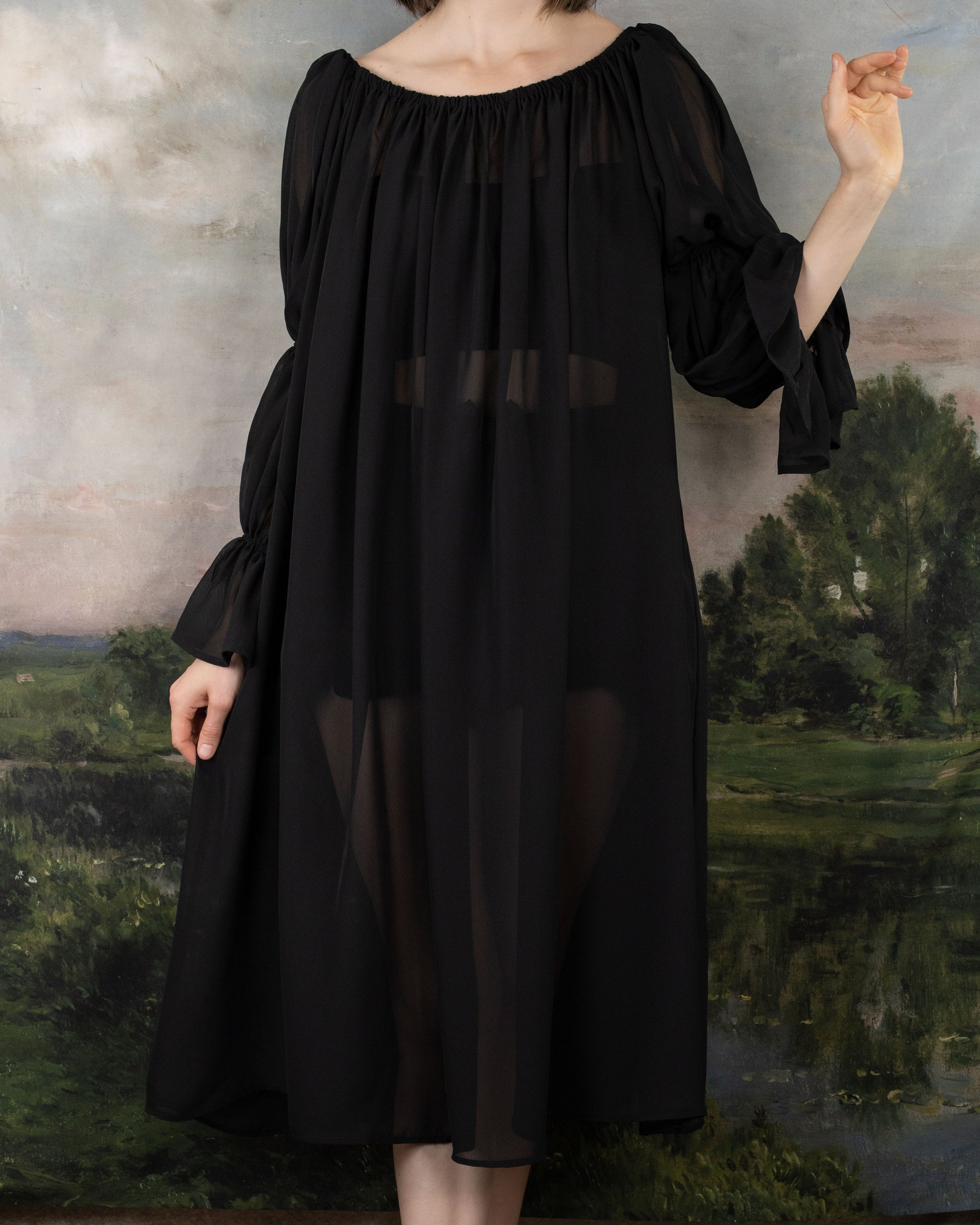 Black Chiffon Long Sleeve Chemise flowing dress with gathered sleeves and sheer fabric against pastoral landscape backdrop