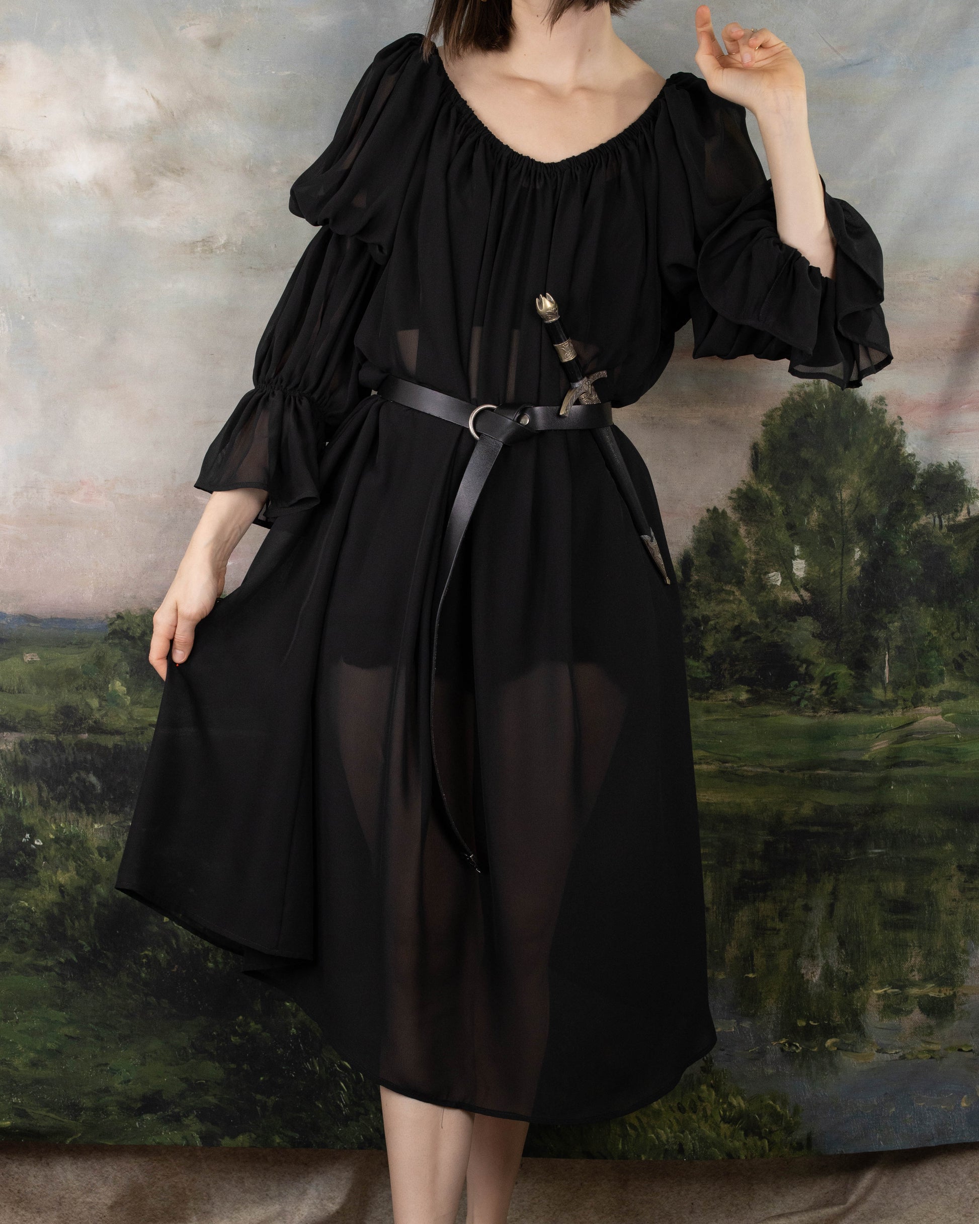 Black Chiffon Long Sleeve Chemise with flowing sleeves and gathered shoulders, belted at waist against pastoral backdrop
