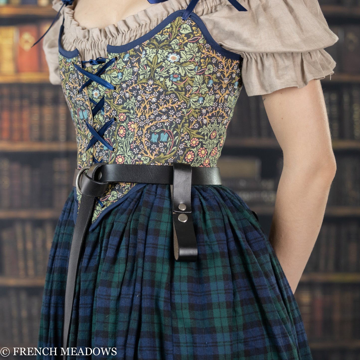 Leather Tankard Strap shown on medieval costume with floral bodice and plaid skirt, displaying belt attachment functionality