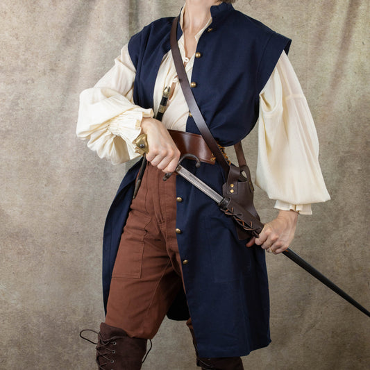 Navy Pirate Vest styled with cream shirt, brown pants and leather accessories for historical costume and renaissance faire wear