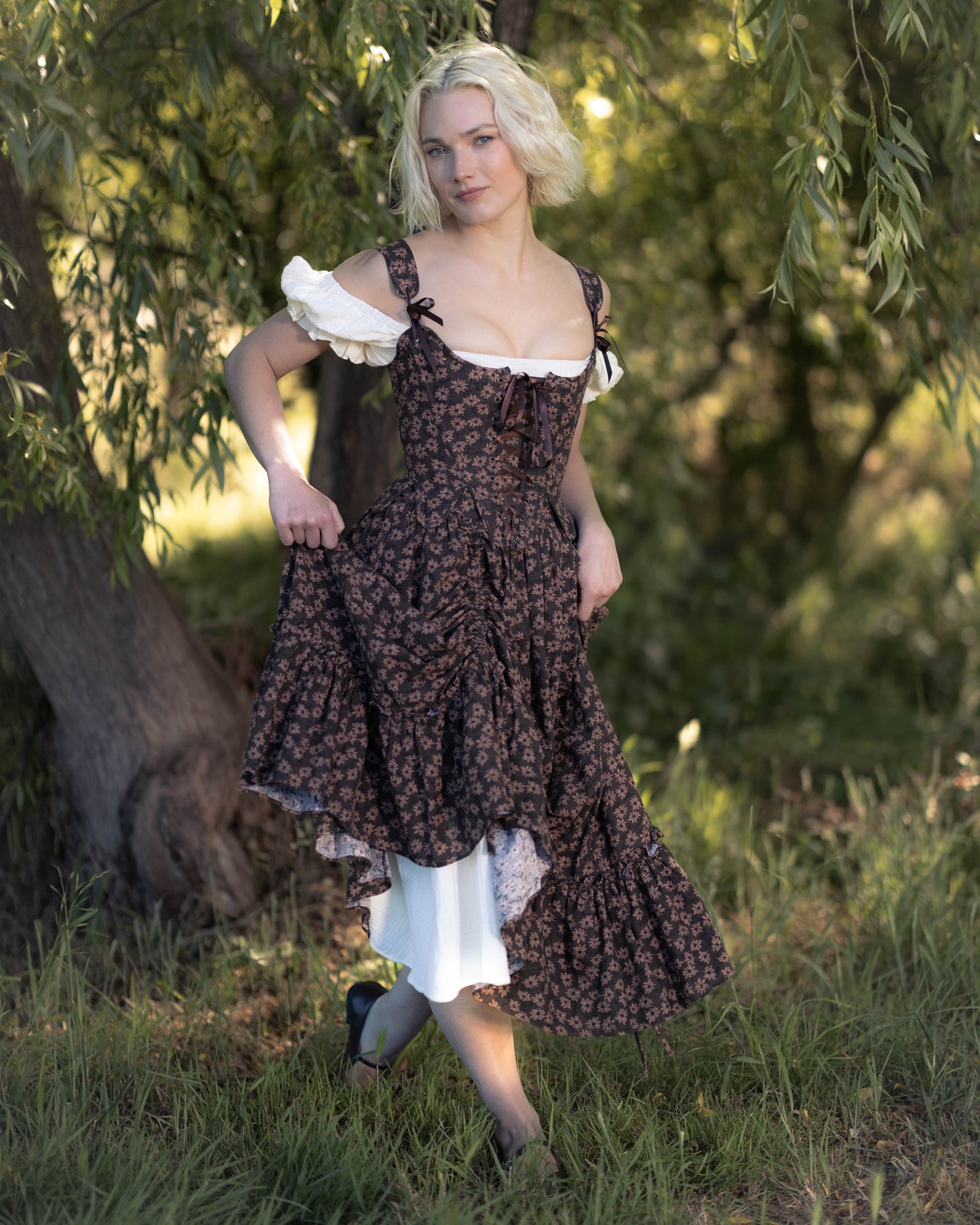 Brown Ditsy Floral Ruffle Skirt