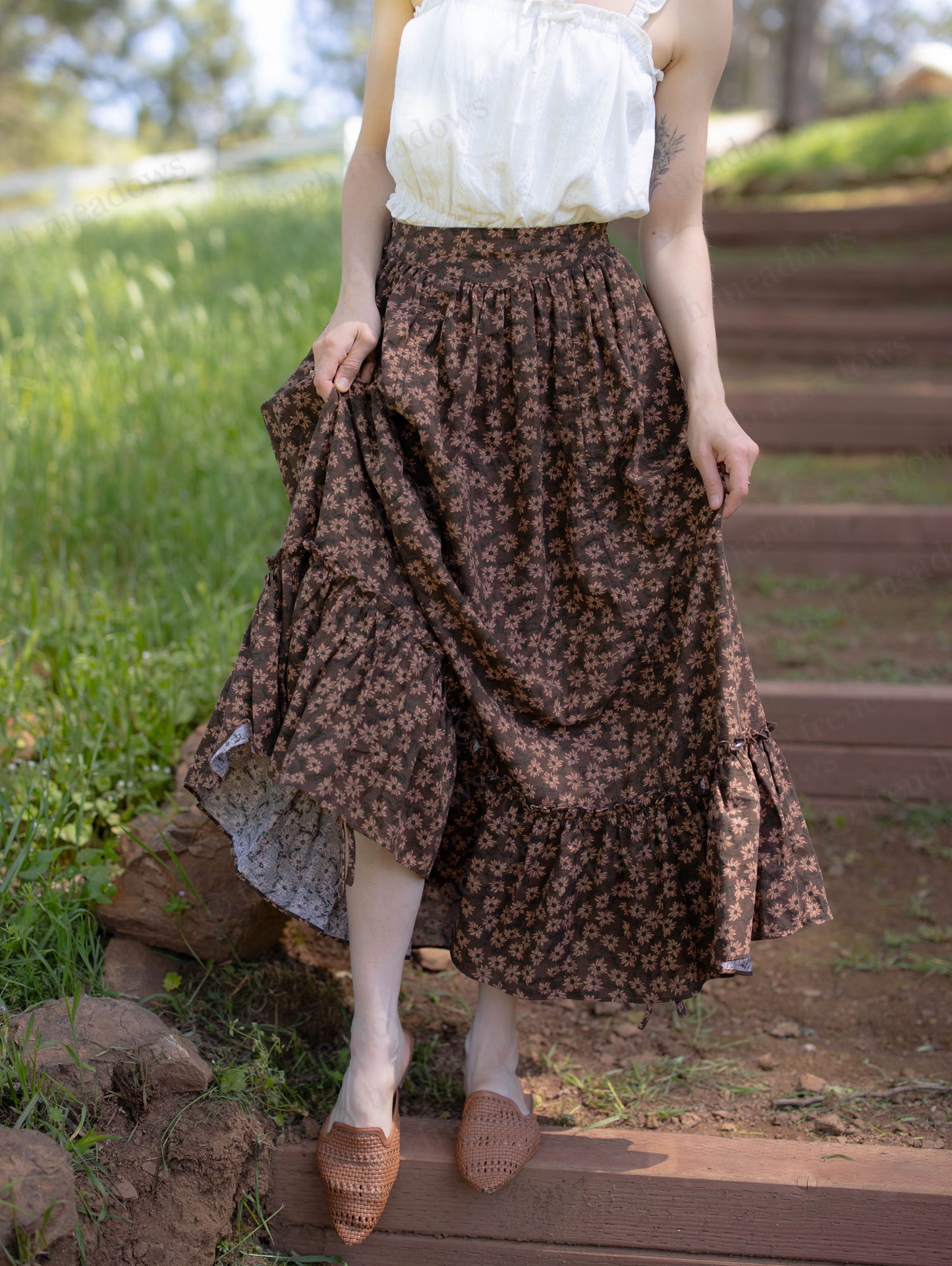 Brown Ditsy Floral Ruffle Skirt