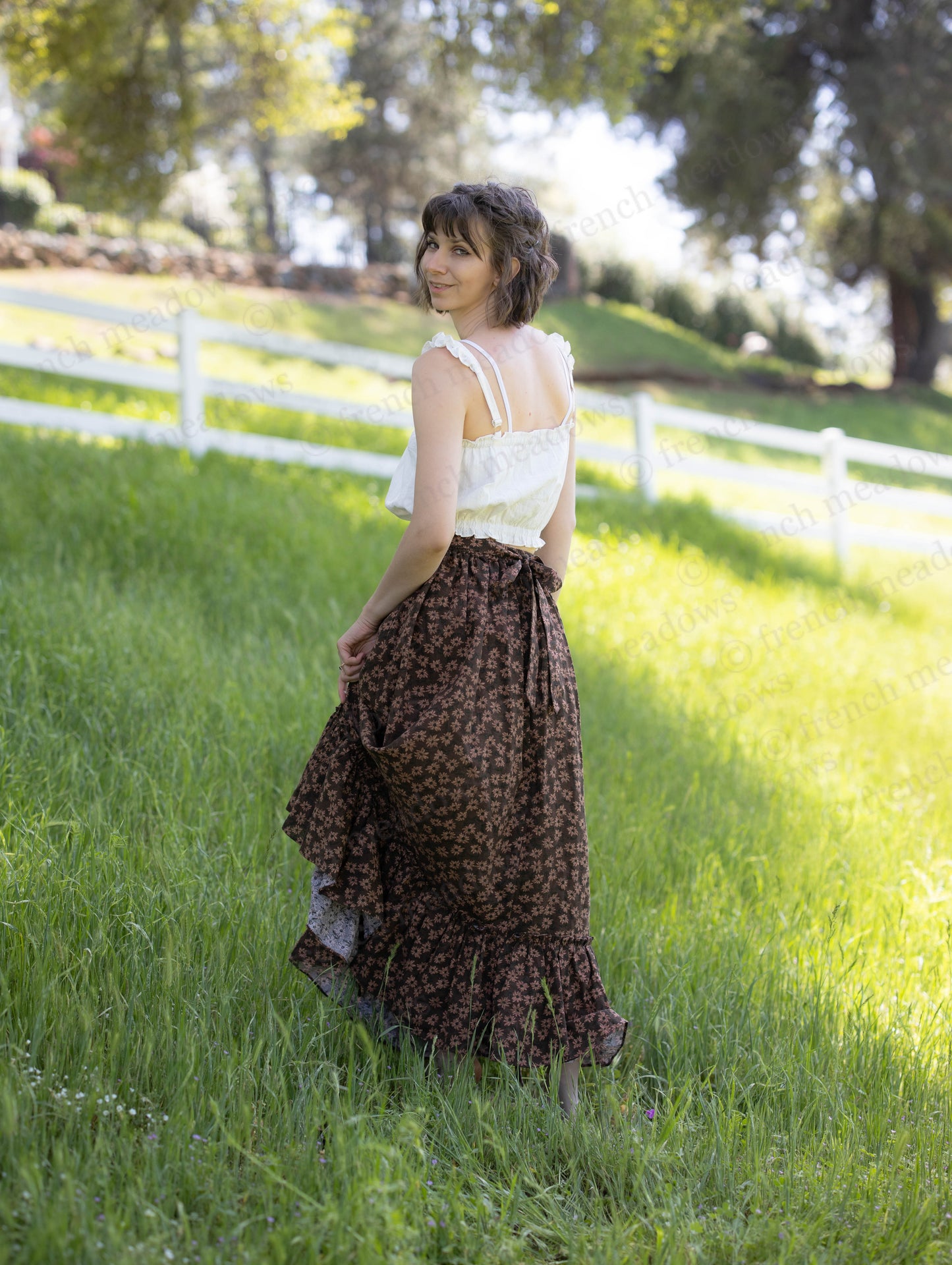 Brown Ditsy Floral Ruffle Skirt