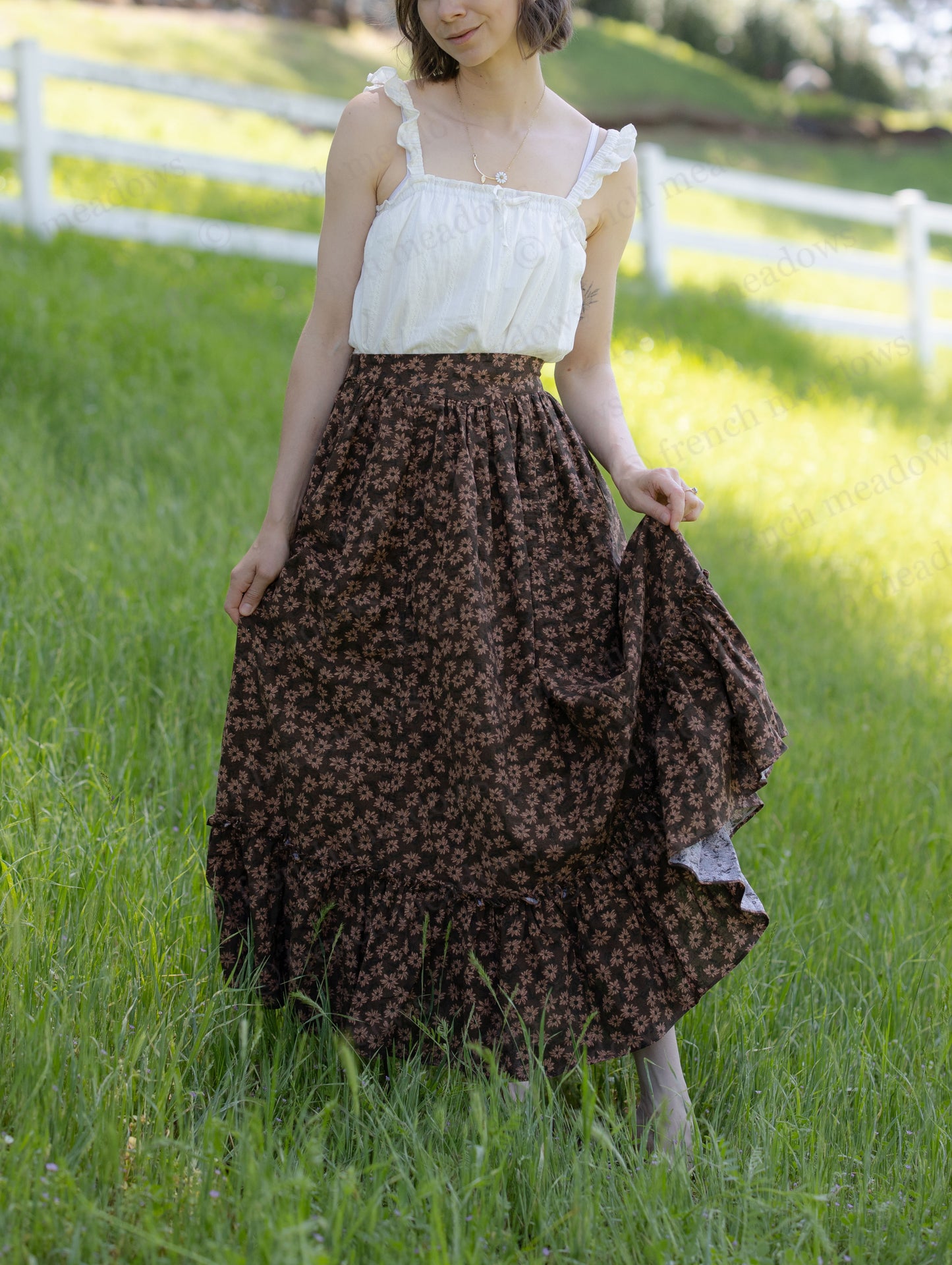Brown Ditsy Floral Ruffle Skirt