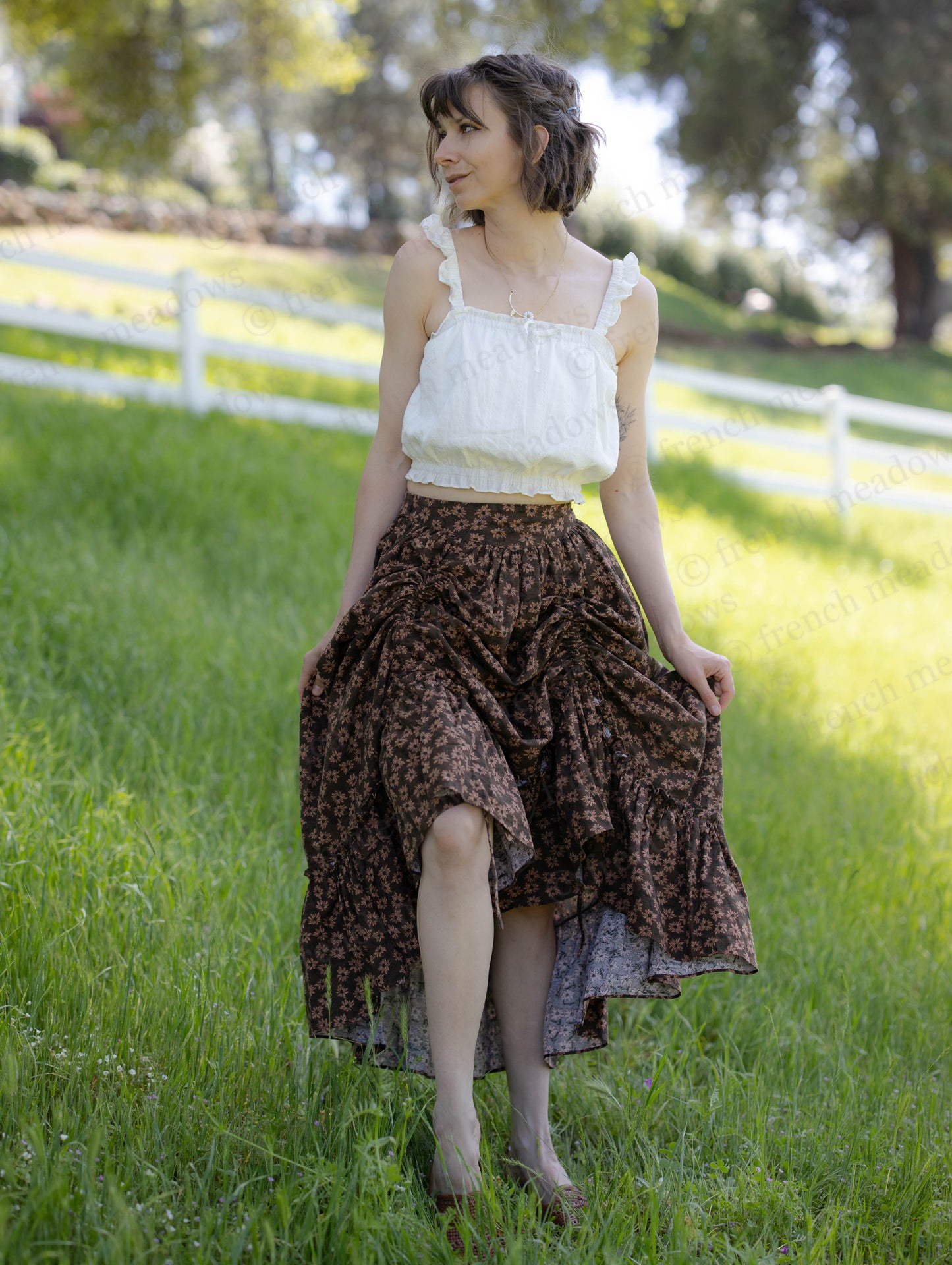 Brown Ditsy Floral Ruffle Skirt