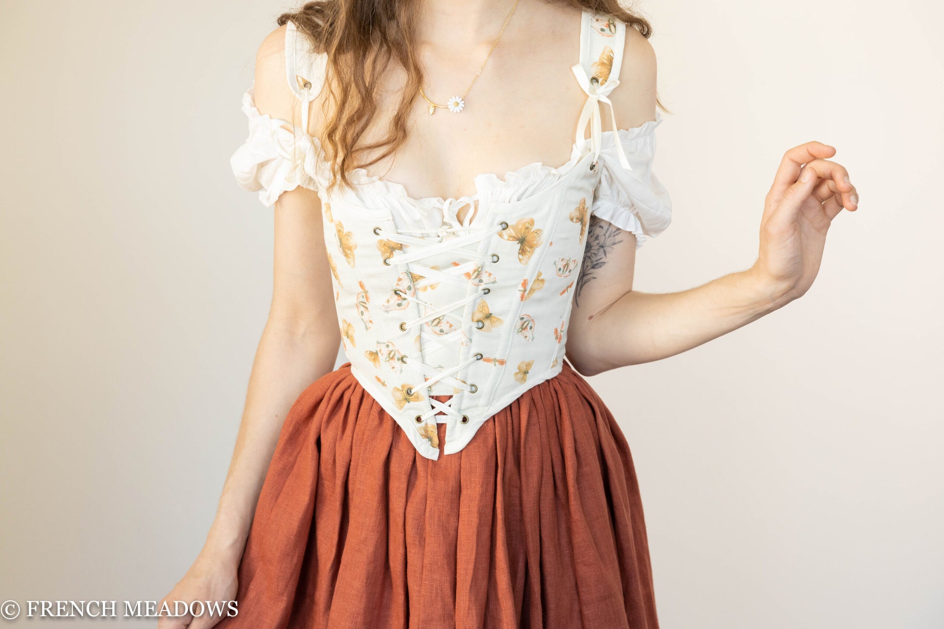 Handmade Butterfly Linen Renaissance Bodice with lace-up front, off-shoulder puff sleeves and butterfly print on ivory fabric