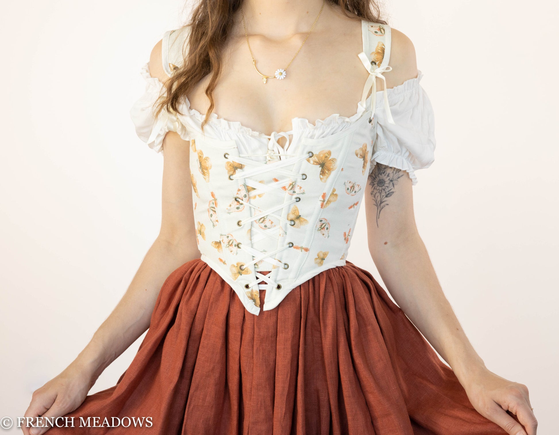 Handmade Butterfly Linen Renaissance Bodice with orange butterflies on ivory fabric, lace-up front, puff sleeves and terracotta skirt