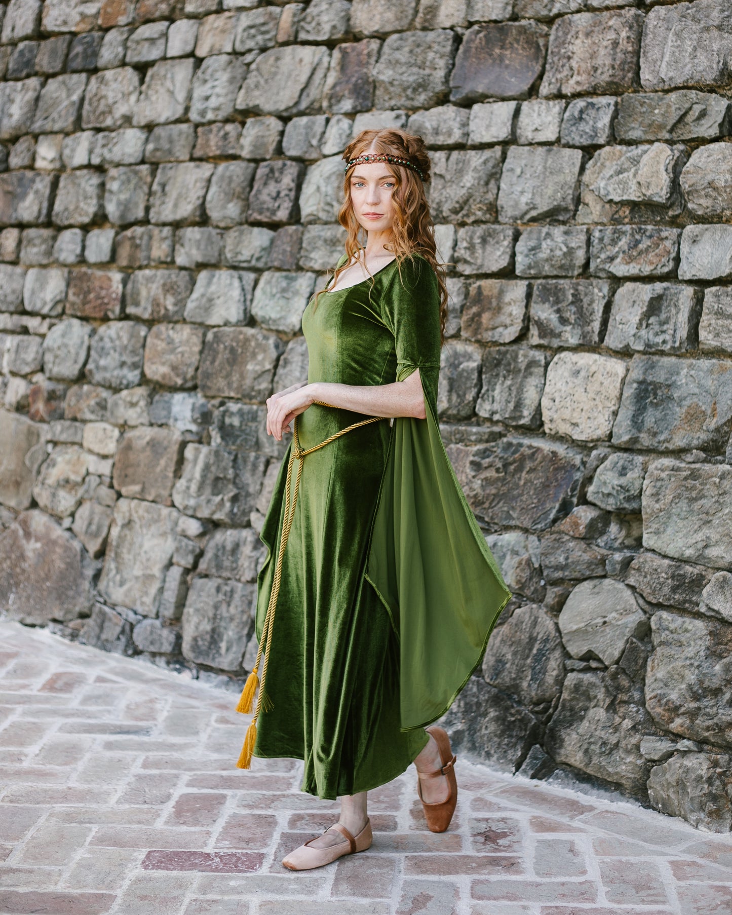 Chartreuse Velvet Bell Sleeve Dress
