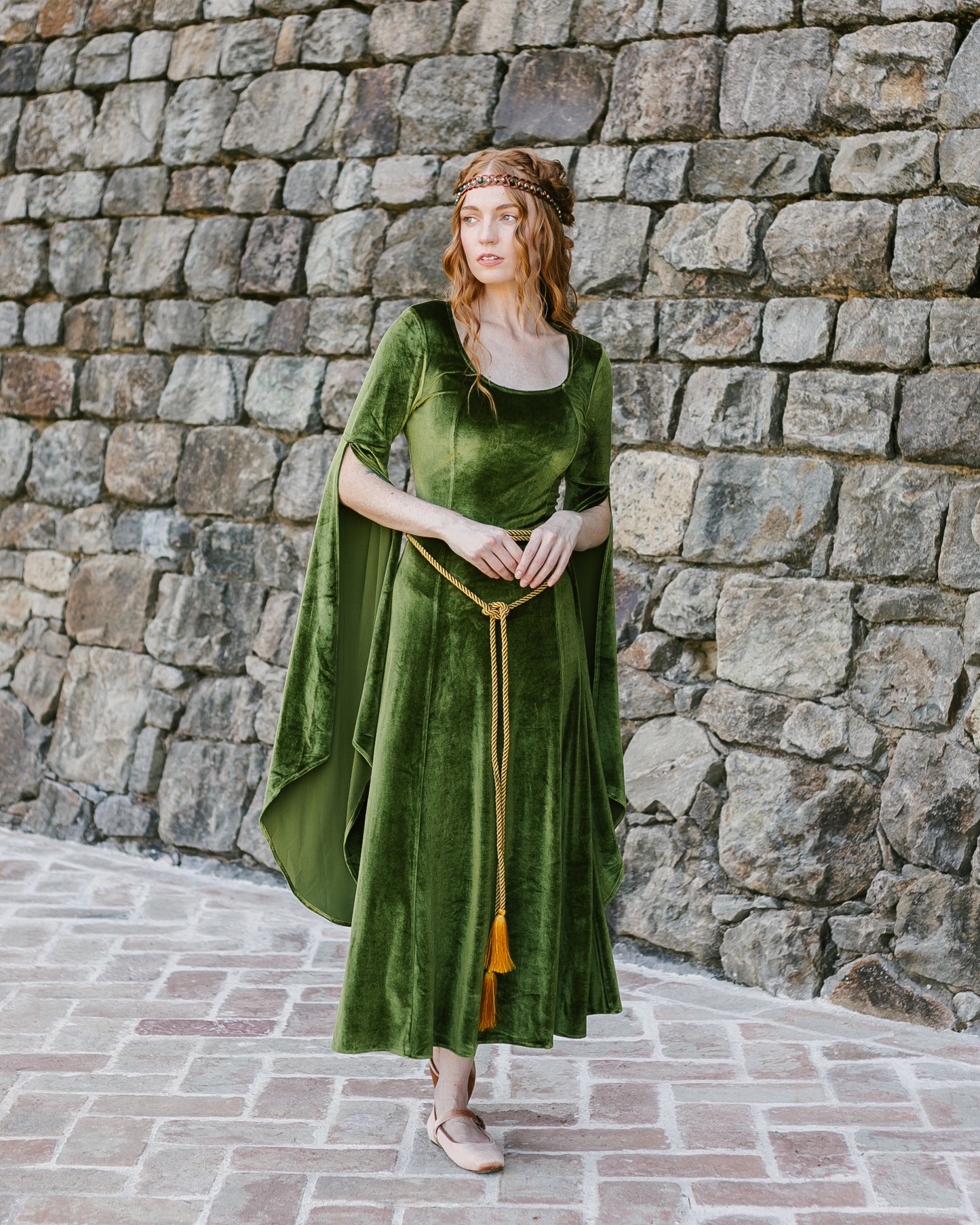 Chartreuse Velvet Bell Sleeve Dress