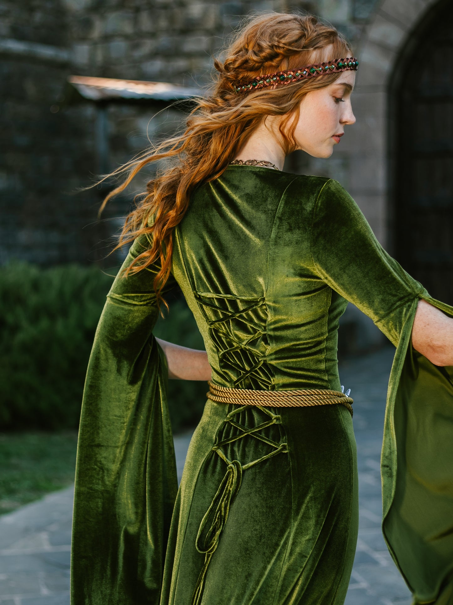 Chartreuse Velvet Bell Sleeve Dress