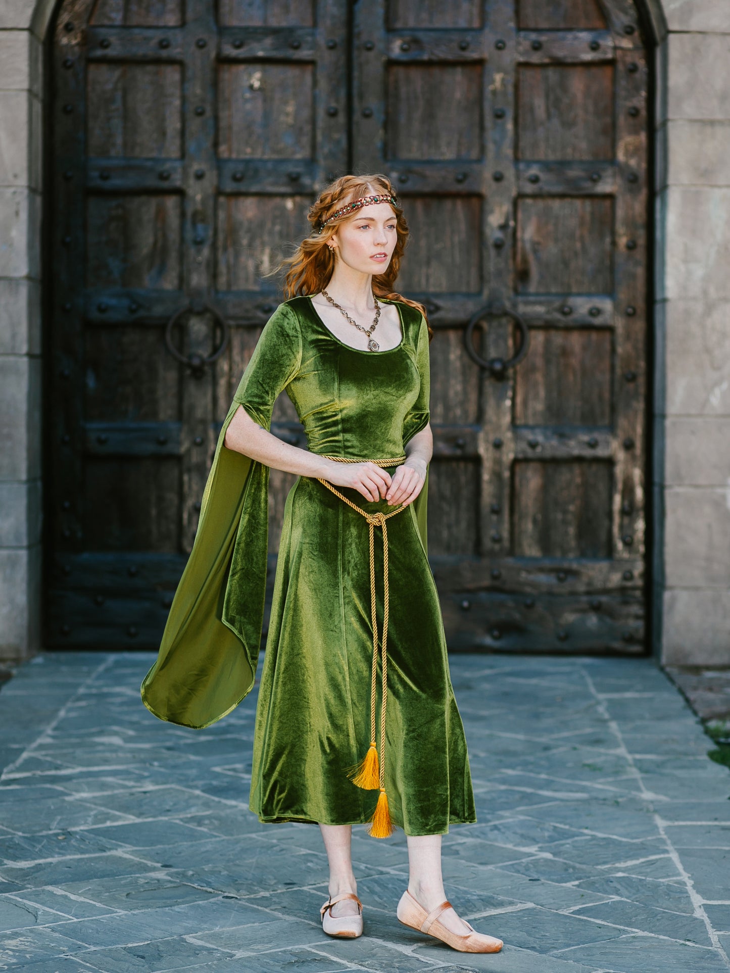 Chartreuse Velvet Bell Sleeve Dress