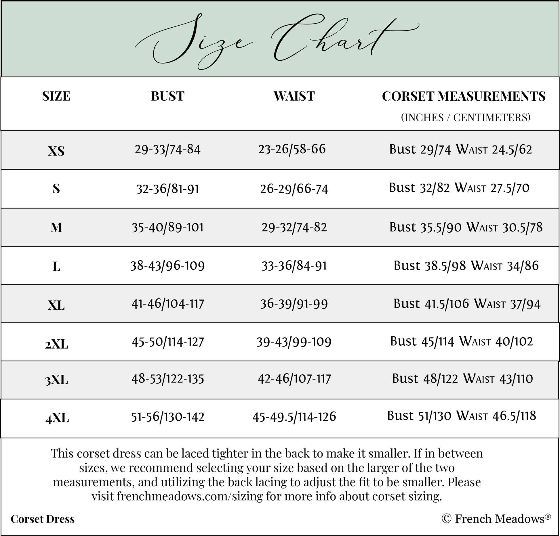 corset dress sizing chart