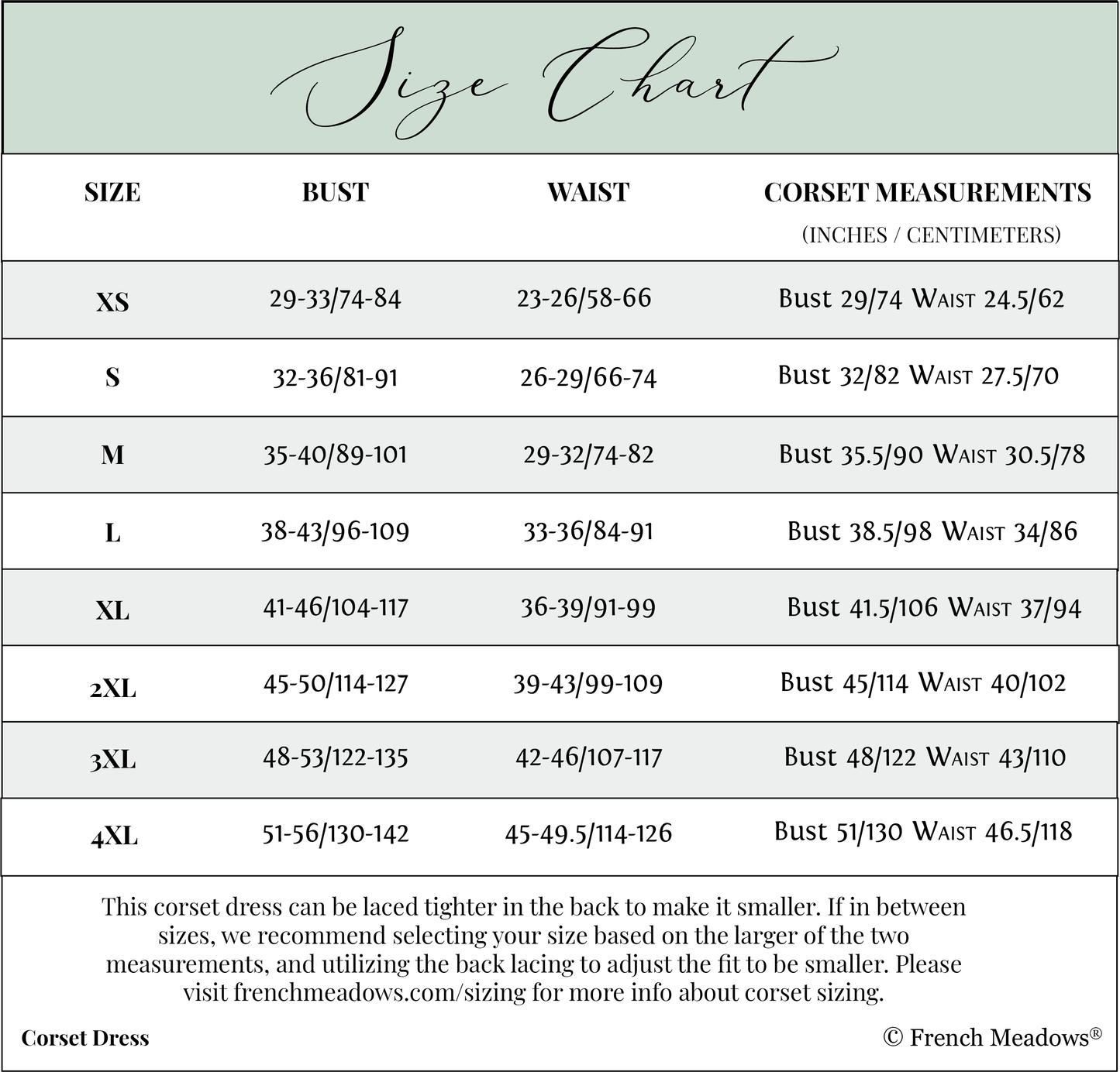 corset dress sizing chart