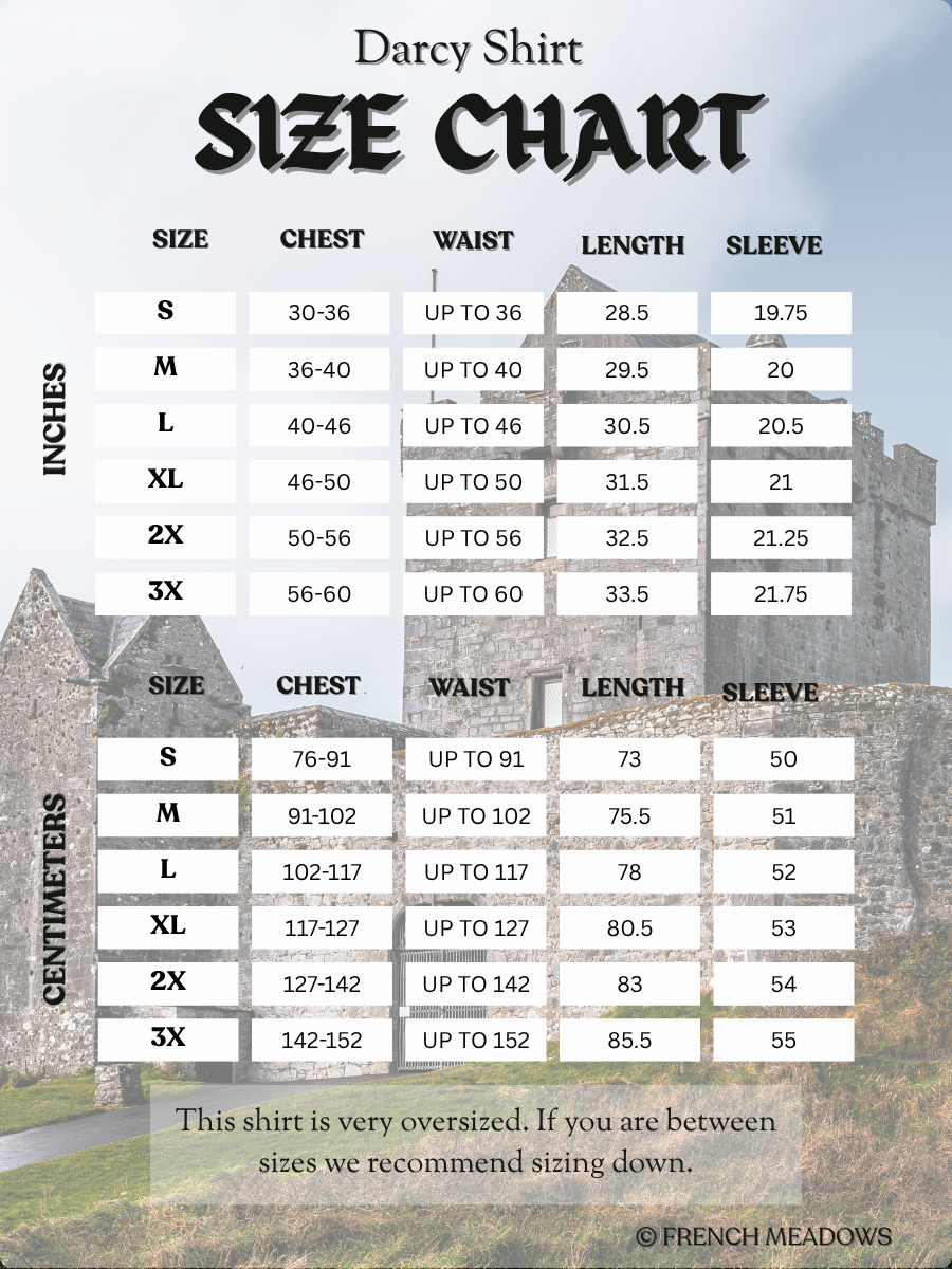 Darcy Shirt size chart showing chest, waist, length, and sleeve measurements in inches and centimeters with a castle background.