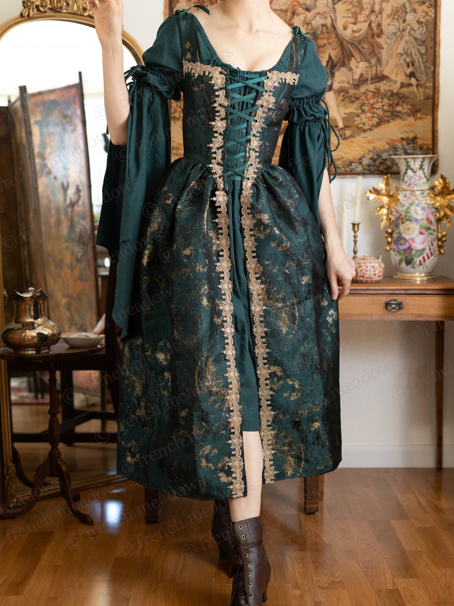 Dark Green Linen Bell Sleeve Chemise featuring renaissance-inspired design with lace-up bodice and flowing sleeves in medieval style