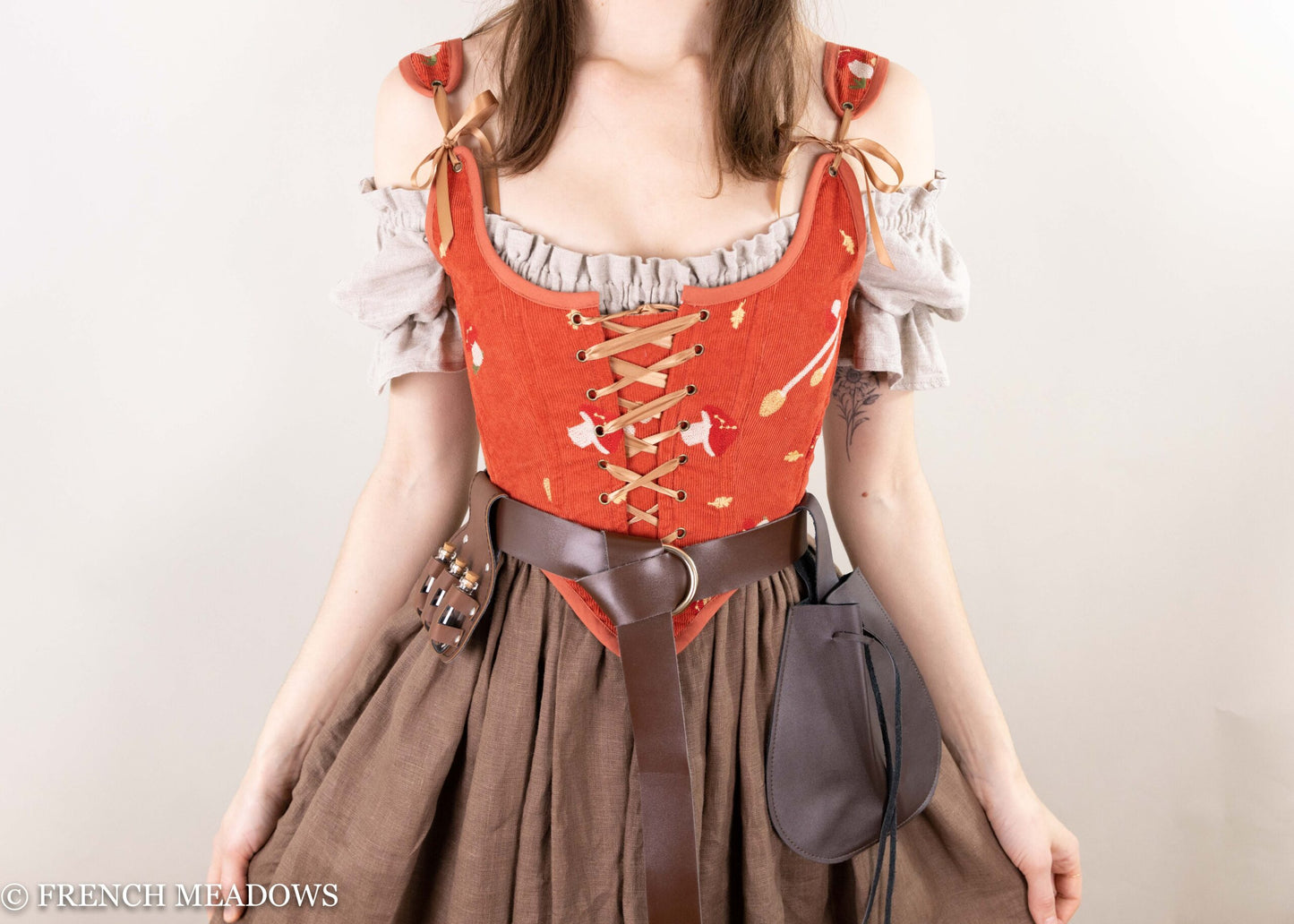 Handmade embroidered mushroom renaissance bodice in burnt orange corduroy with lace-up front and off-shoulder design