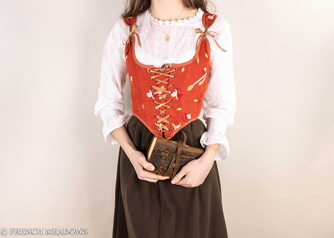 Handmade Embroidered Mushroom Renaissance Bodice in burnt orange corduroy with white peasant blouse and brown skirt