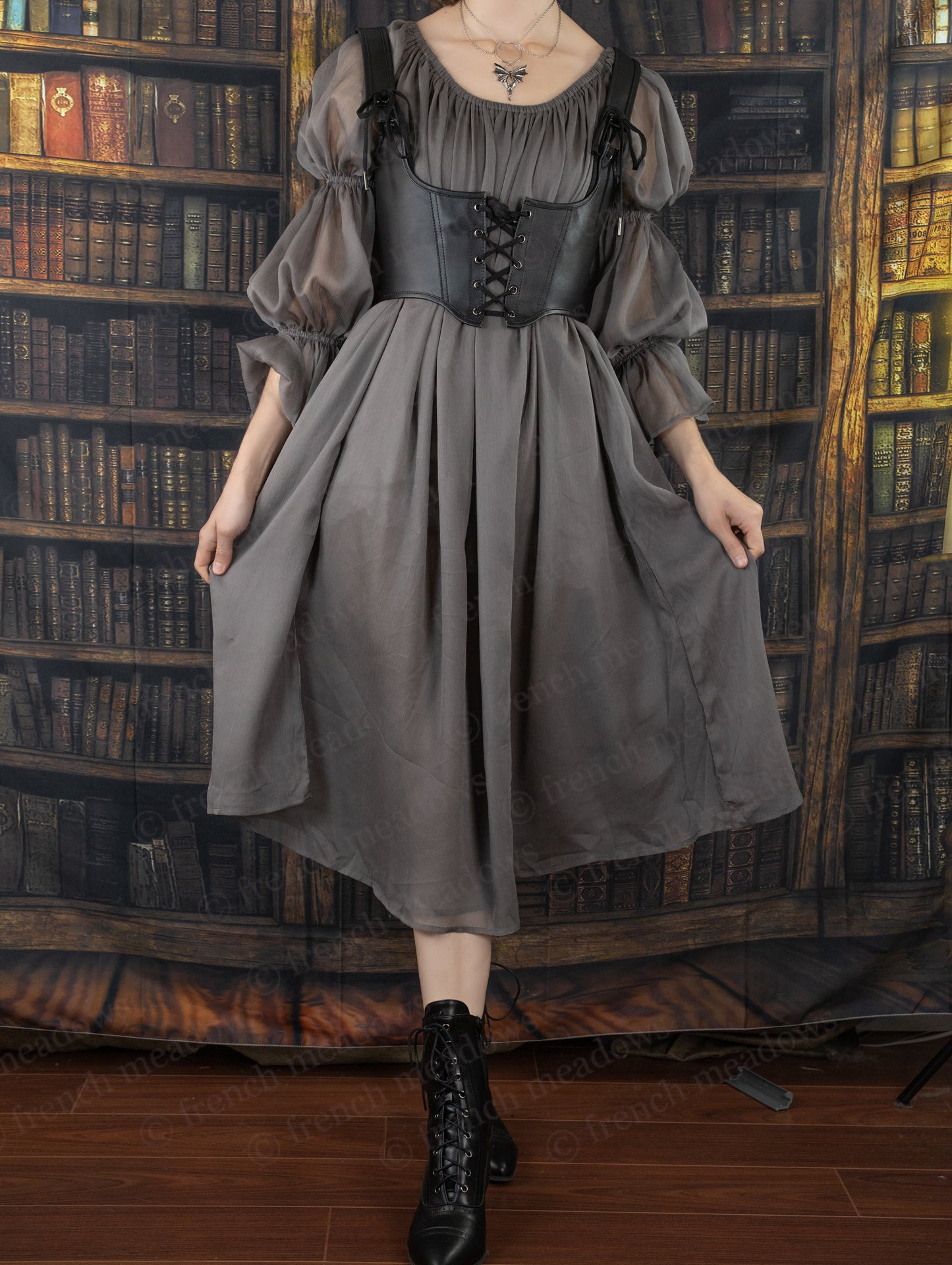 Grey Chiffon Chemise with puffed sleeves and corset-style bodice shown against vintage library backdrop, flowing midi length