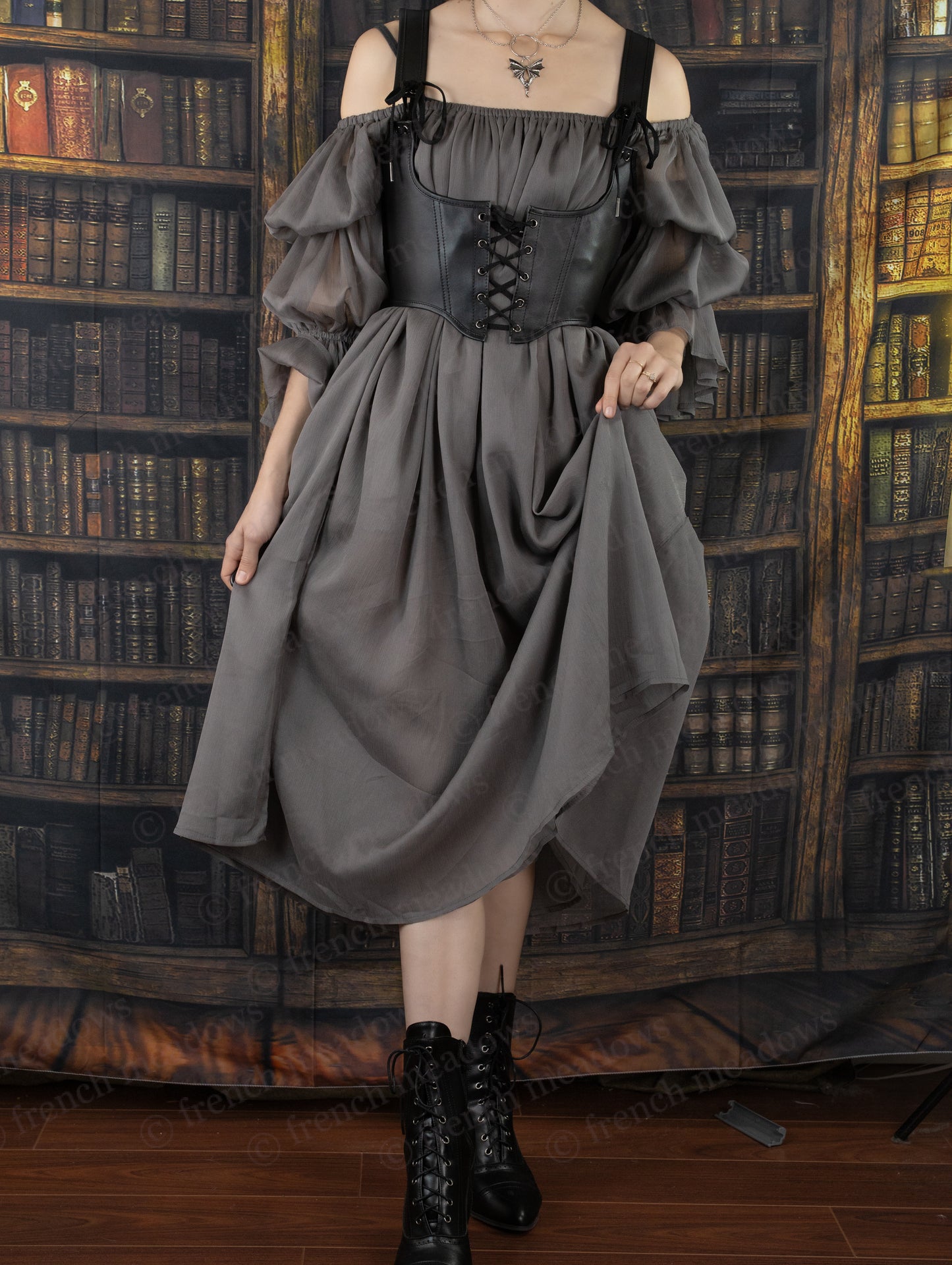 Grey Chiffon Chemise with off-shoulder puff sleeves and corset-style bodice shown against vintage library backdrop