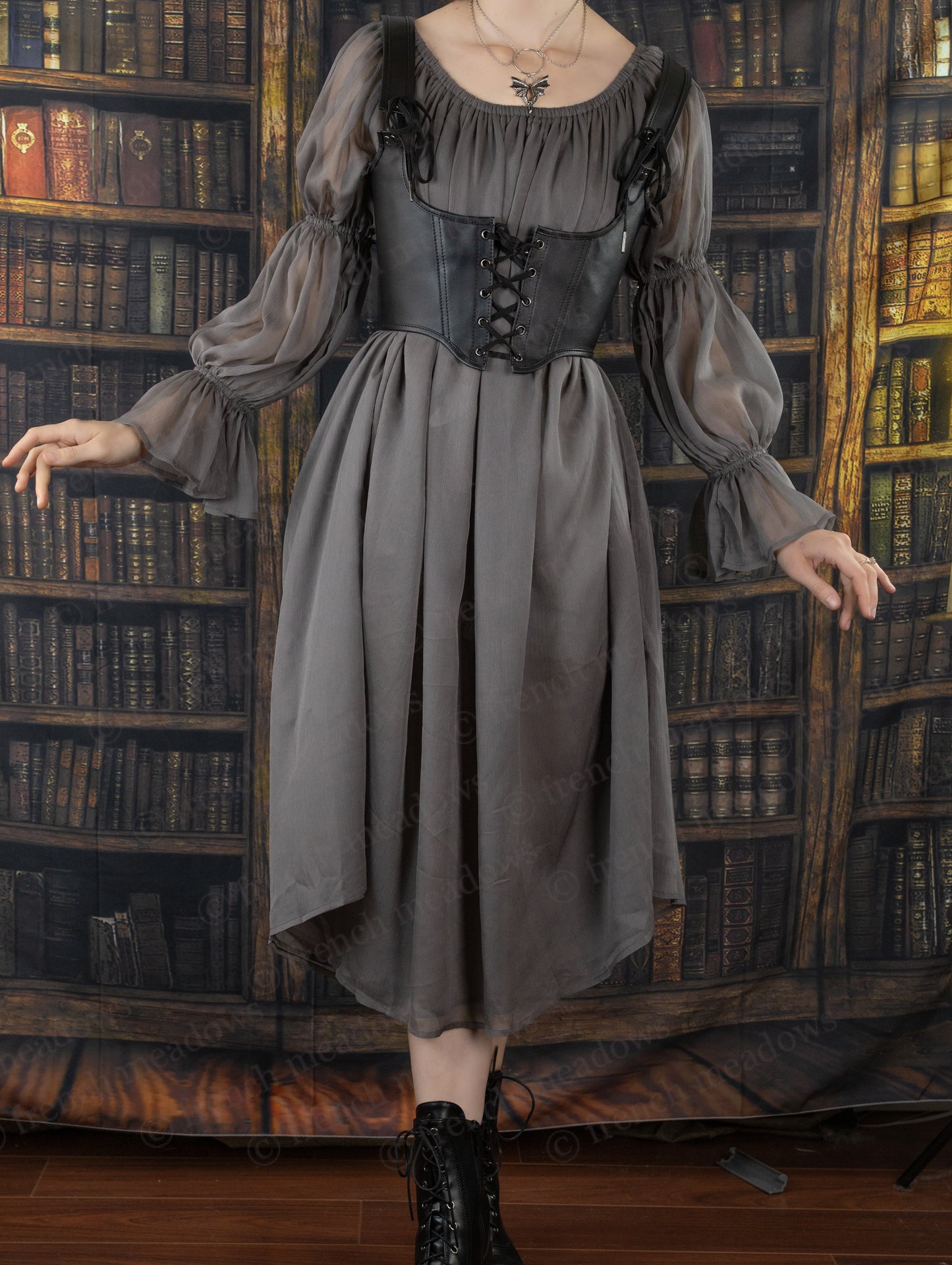 Grey Chiffon Chemise with puff sleeves and elastic neckline shown against vintage library backdrop with corset detail