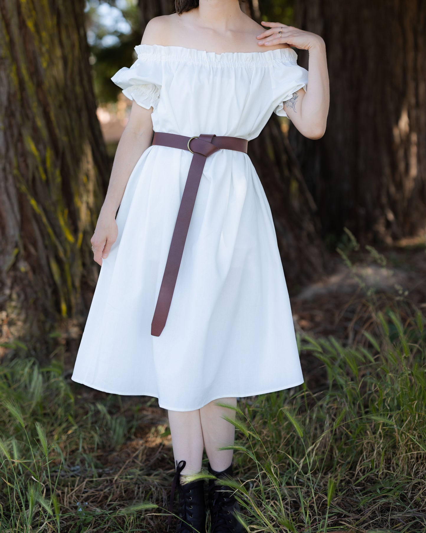 Ivory Short Sleeve Linen Chemise with off-shoulder ruffled neckline, puff sleeves, and flowy lightweight linen fabric.