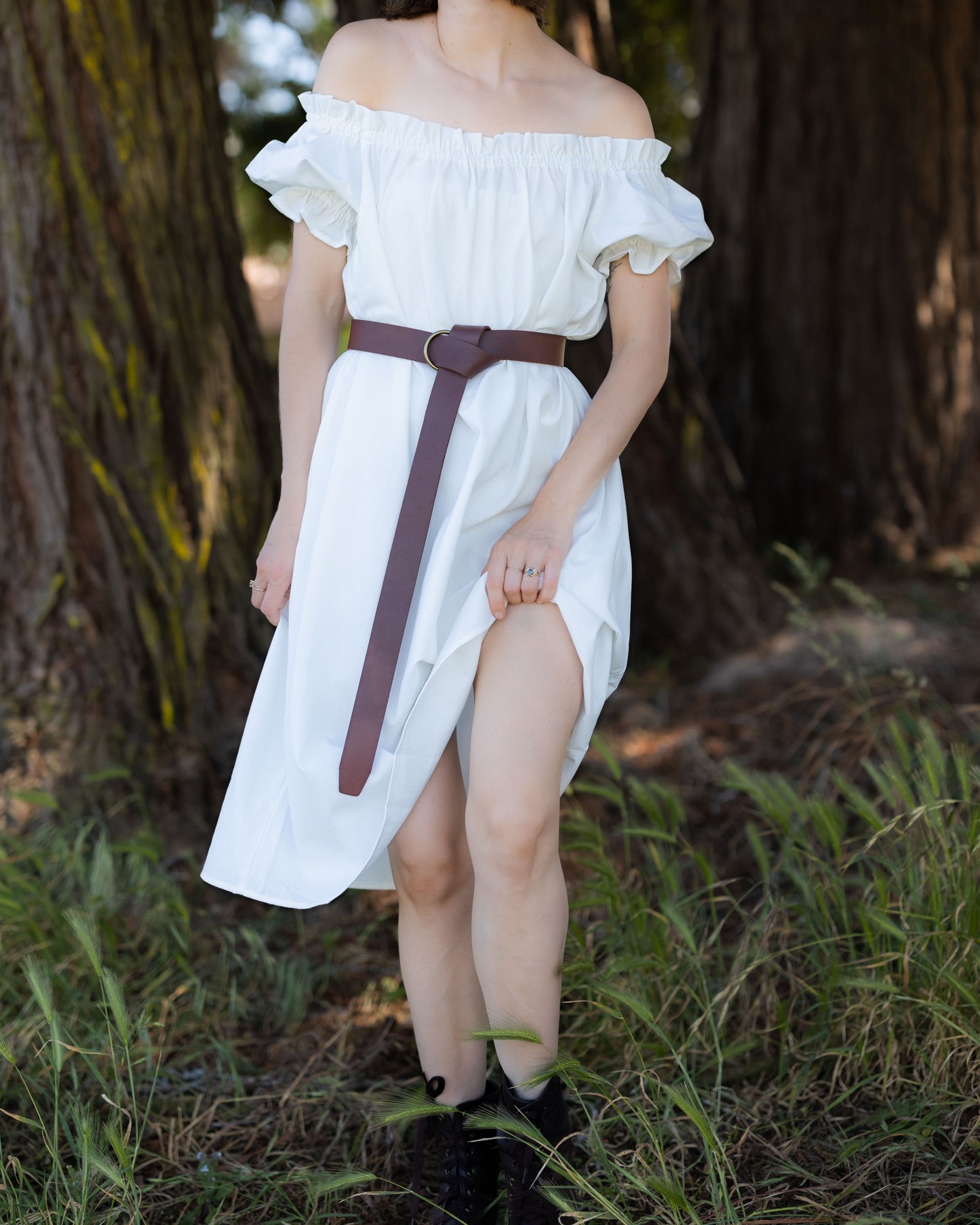 Ivory Short Sleeve Linen Chemise off-the-shoulder, lightweight, breathable linen with ruffled neckline and puff sleeves.