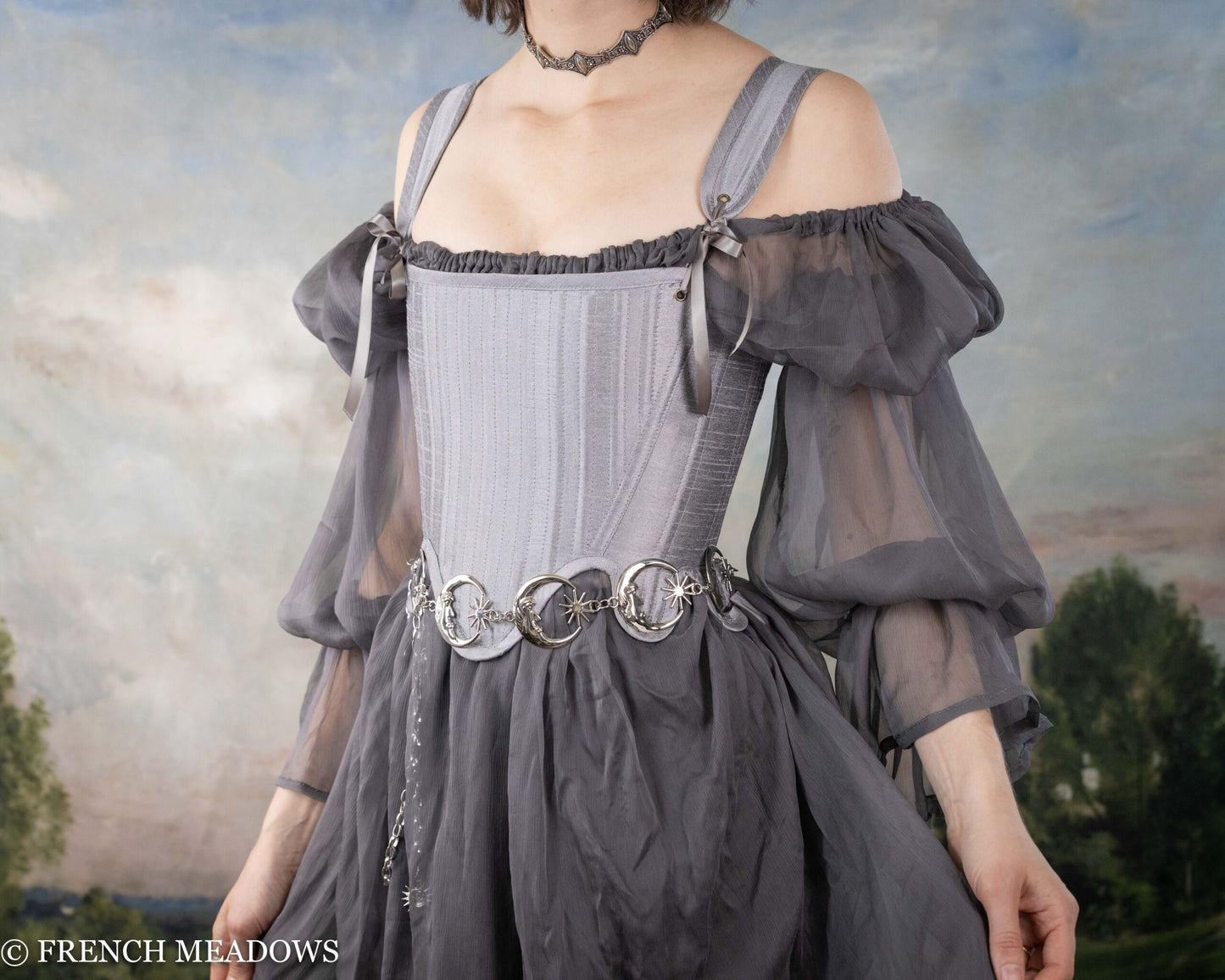 Grey Chiffon Chemise with puffy sleeves and silver belt detail, shown off-shoulder in romantic Renaissance style
