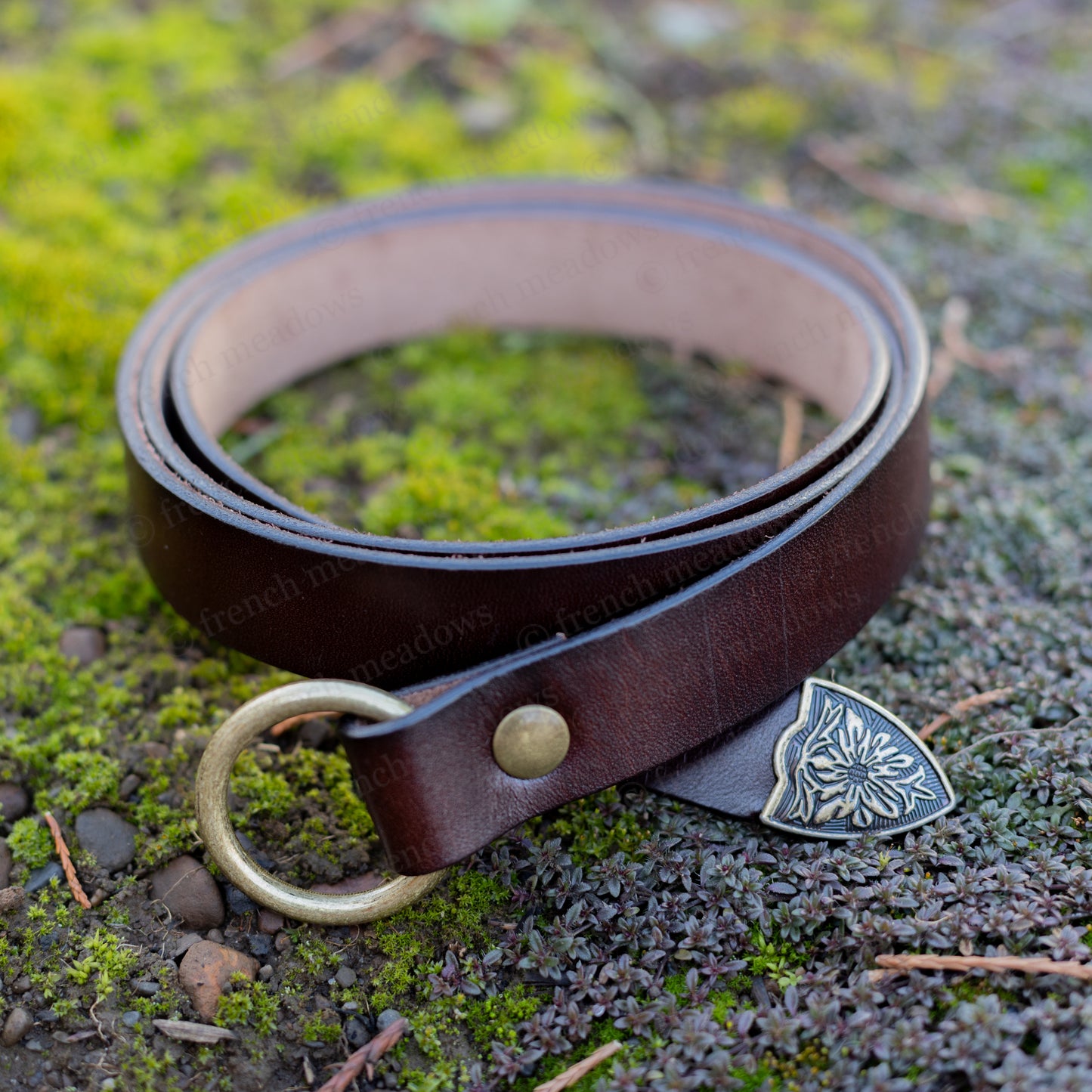 Brown leather Renaissance belt with decorative metal tip and brass ring on mossy ground