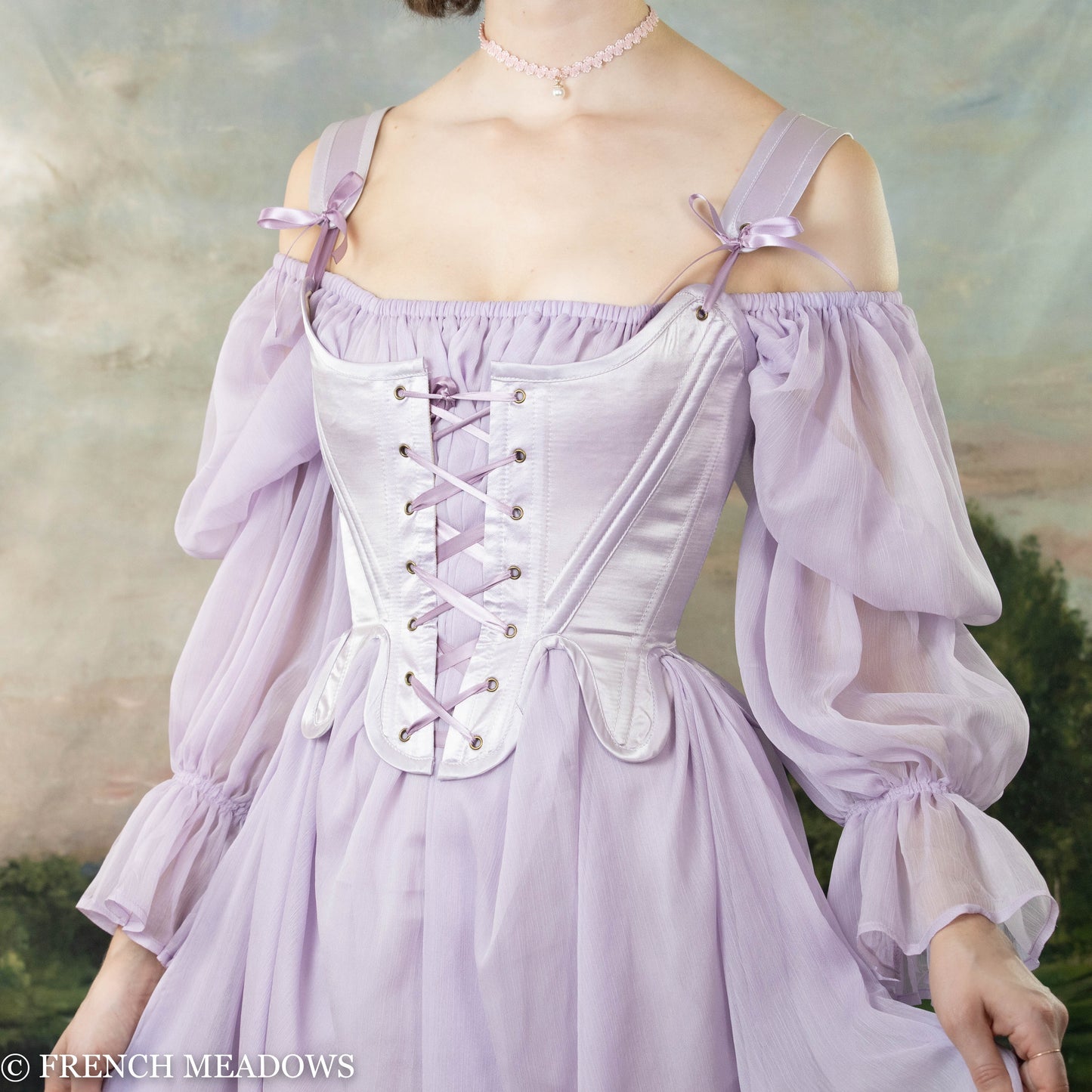 Lilac Satin 18th Century Stays with front lacing, off-shoulder design, and puffed sleeves in ethereal light purple