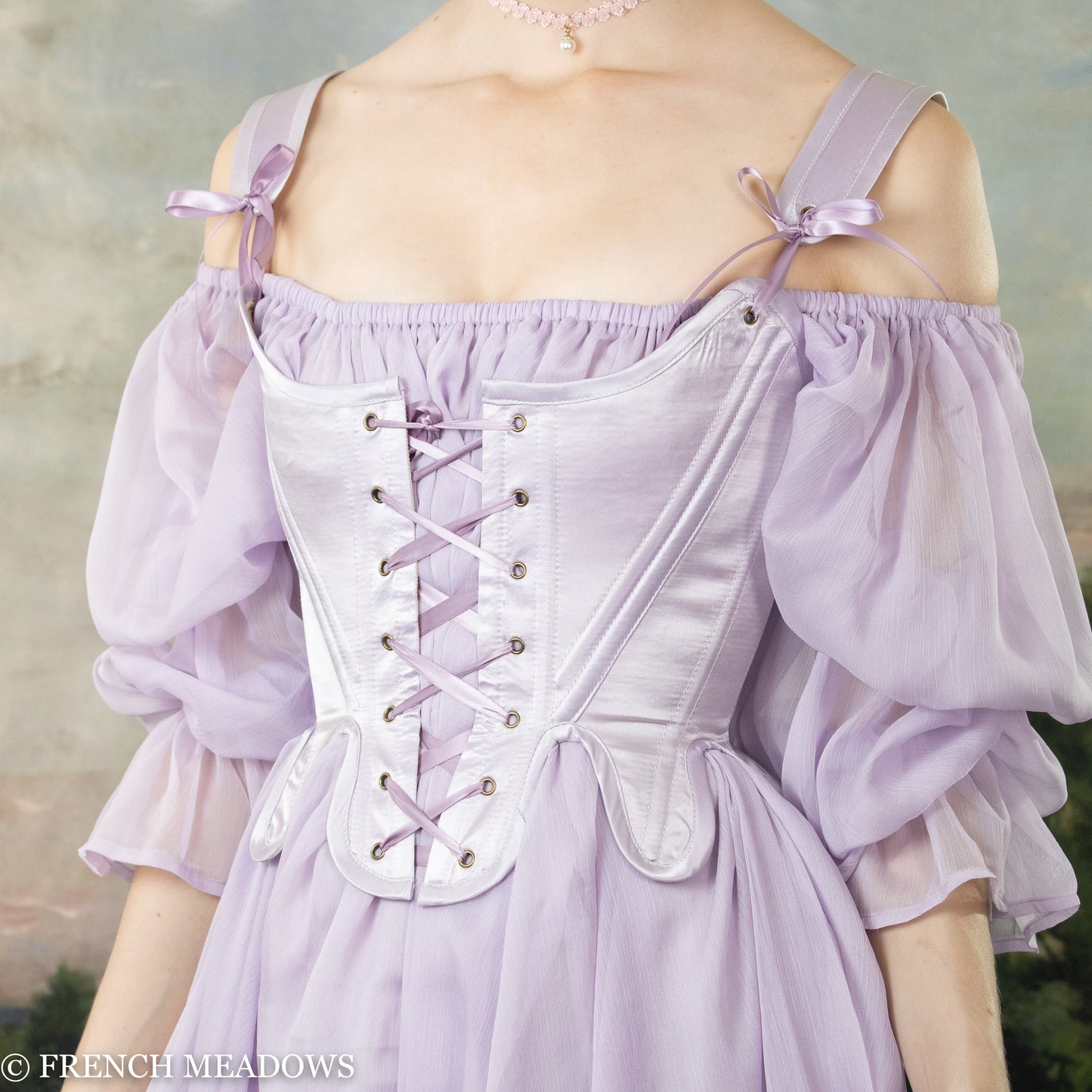 Lilac satin 18th century stays with front lacing and puff sleeves, shown with matching sheer chemise in romantic historical style