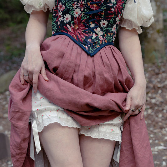 White Ditsy Floral Bloomers: Victorian-inspired lace-trimmed shorts with delicate floral pattern, elastic waist, and bow details