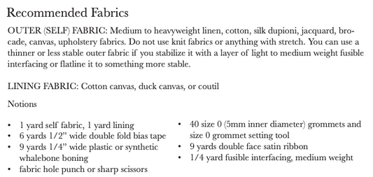 Recommended fabrics and materials list for 18th Century Stays Corset Sewing Pattern with notions and lining details.