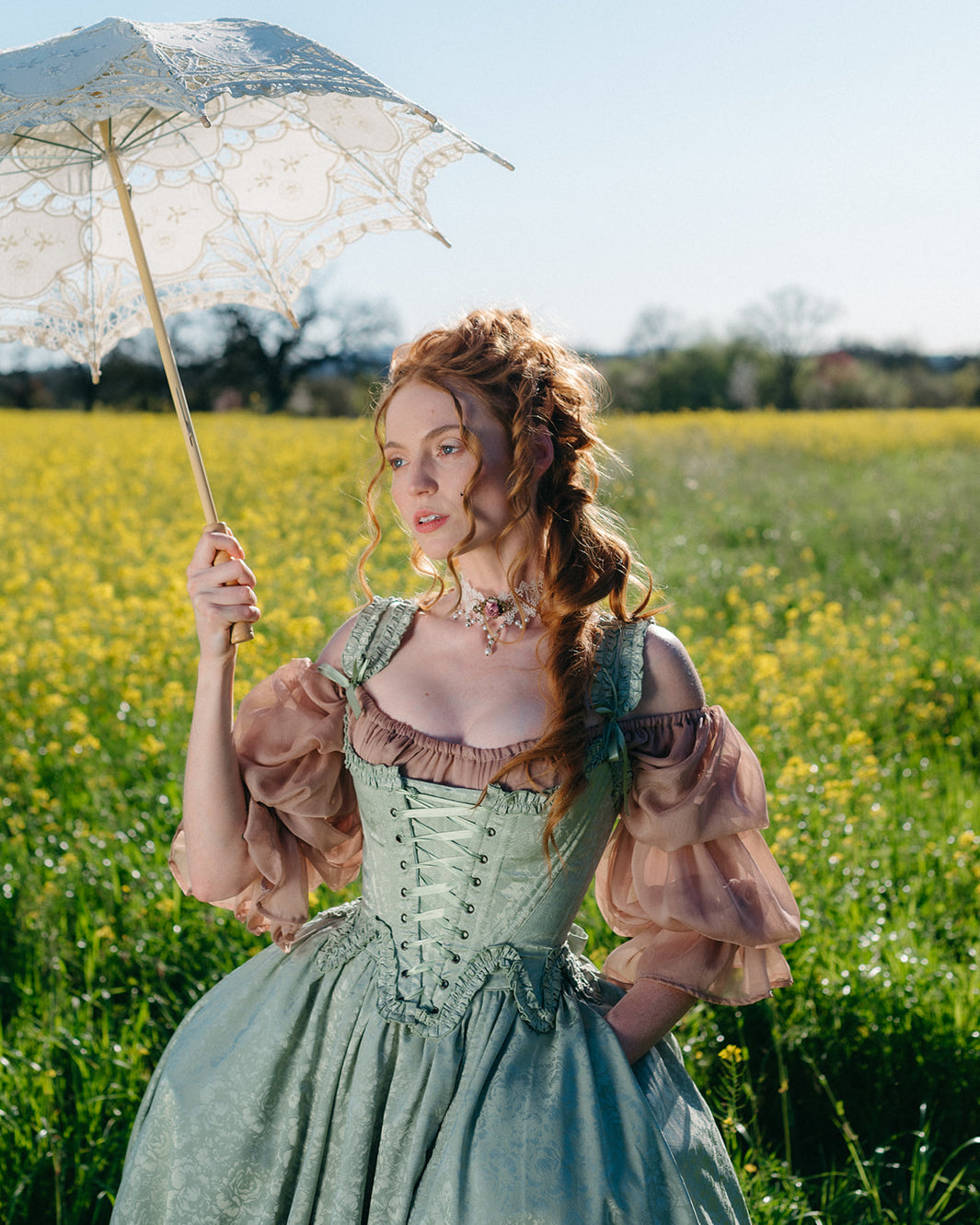 Mint Green Floral 18th Century Stays | Ruffle Rococo Corset