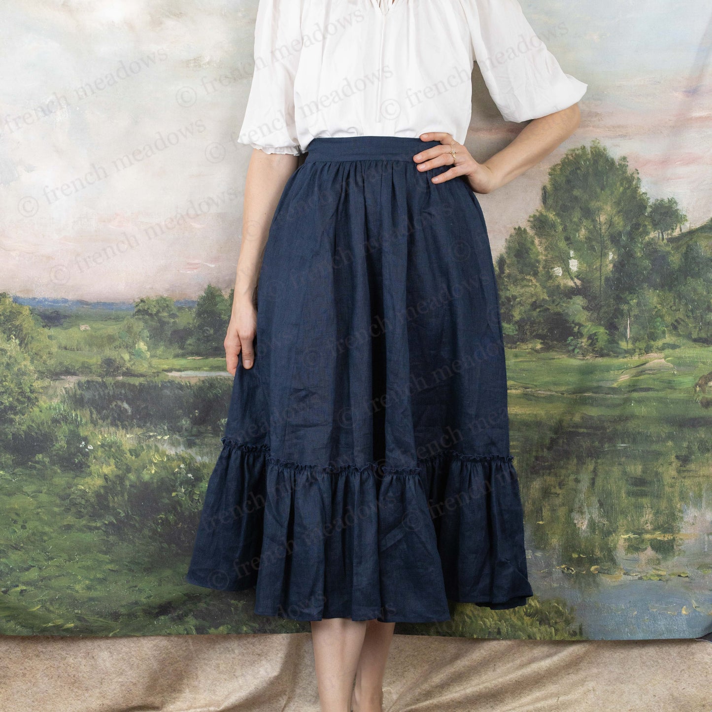 Navy Blue Linen Midi Skirt with ruffled hem and elastic waist, perfect for renaissance and cottagecore style