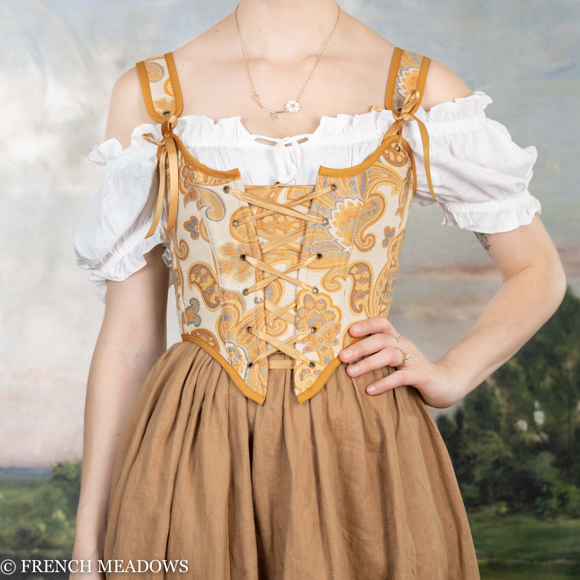 Handmade Orange and Yellow Paisley Renaissance Bodice with beige jacquard fabric, gold trim, corset lacing and white peasant blouse