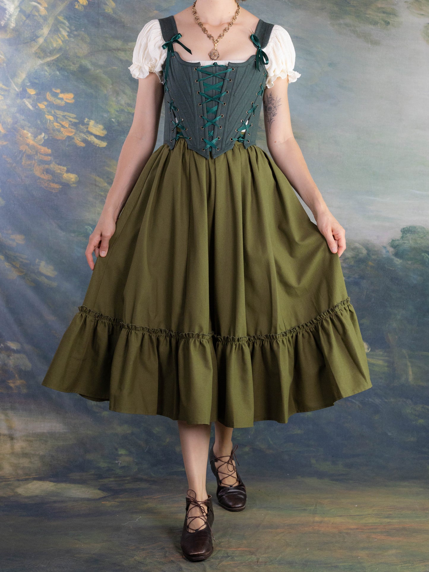 Olive Green Linen Midi Skirt