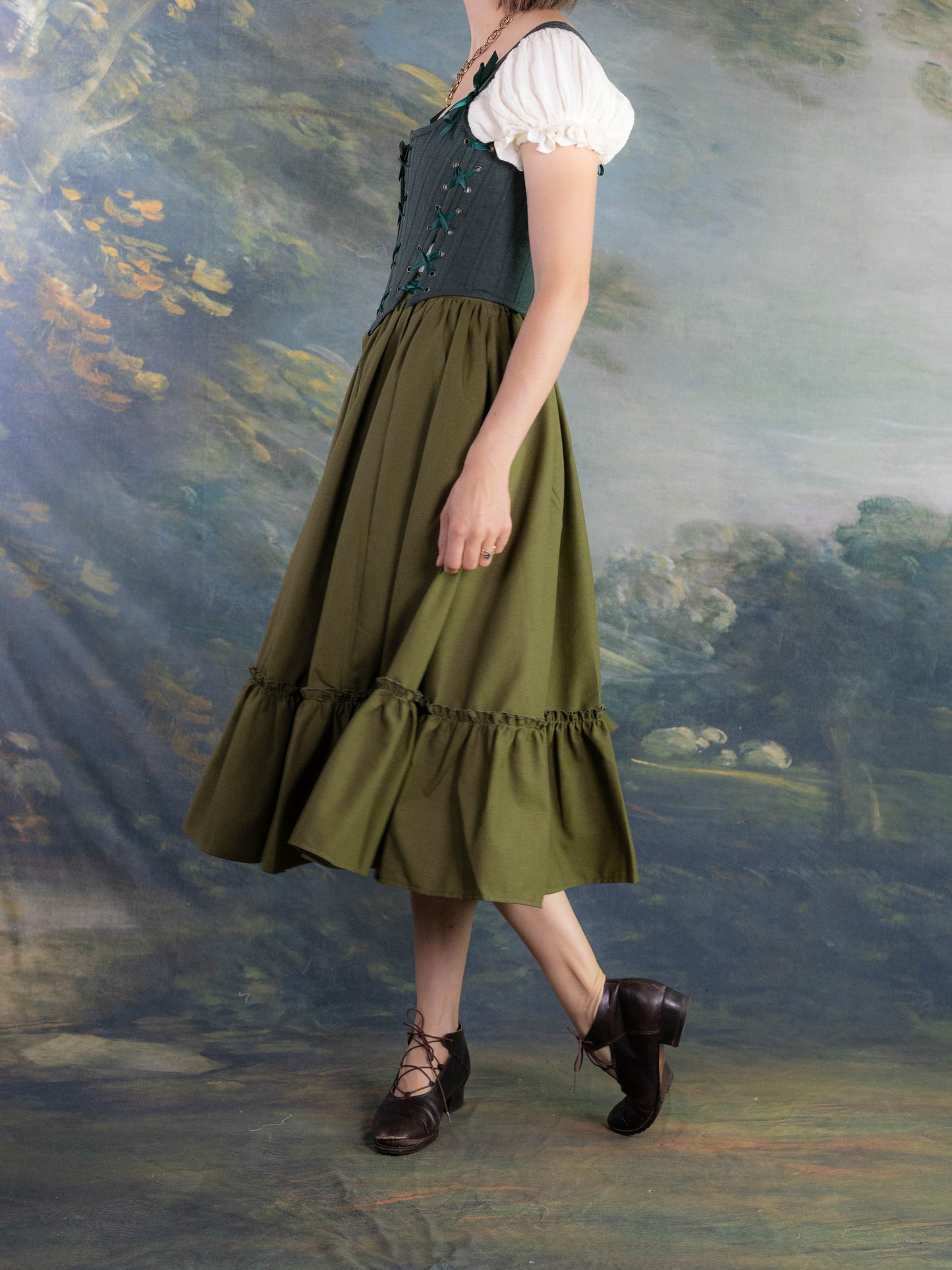 Olive Green Linen Midi Skirt