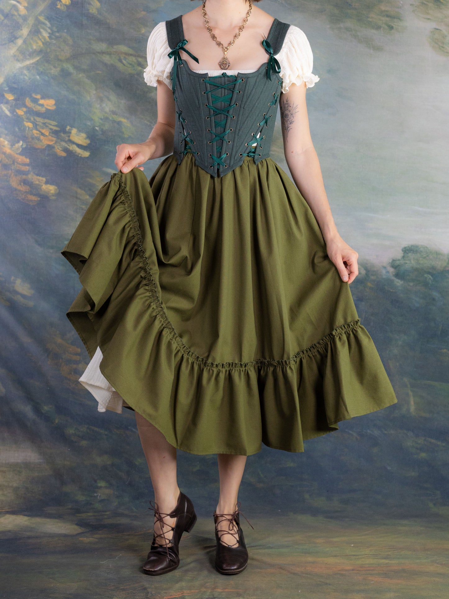 Olive Green Linen Midi Skirt