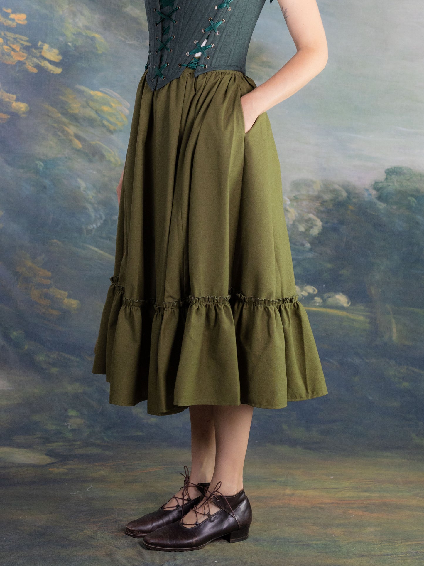 Olive Green Linen Midi Skirt