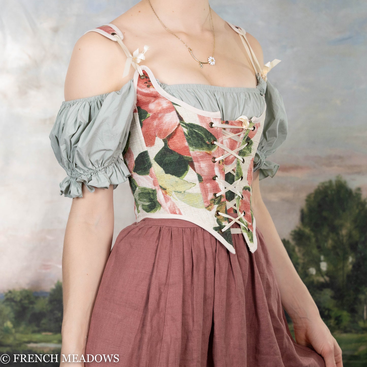 Handmade Pink Peony Renaissance Bodice with off-shoulder puff sleeves, floral print corset design and dusty rose skirt