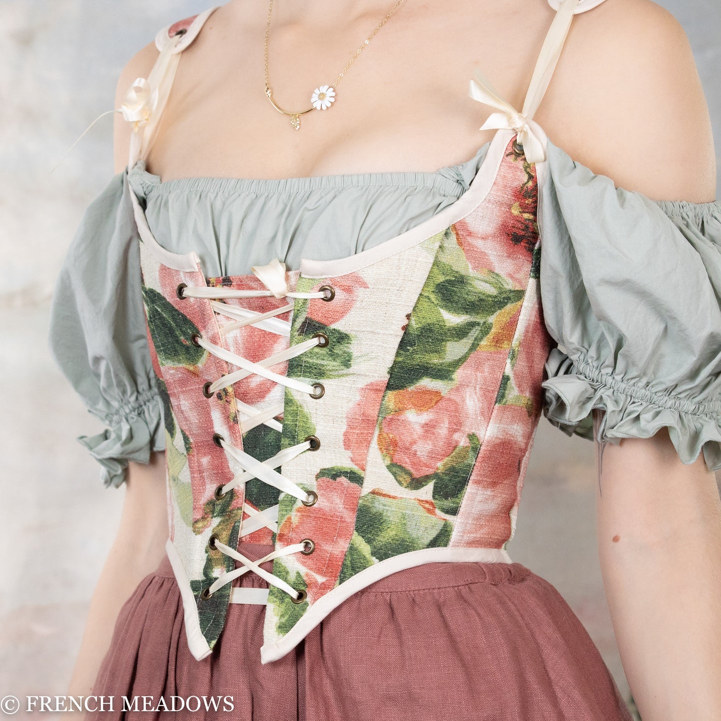 Handmade Pink Peony Renaissance Bodice with watercolor floral print, lace-up front, and puff sleeves in sage green and pink