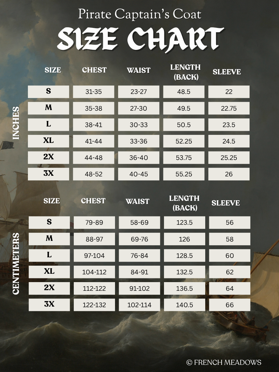 Pirate Captain's Coat size chart showing chest, waist, length, and sleeve measurements in inches and centimeters.